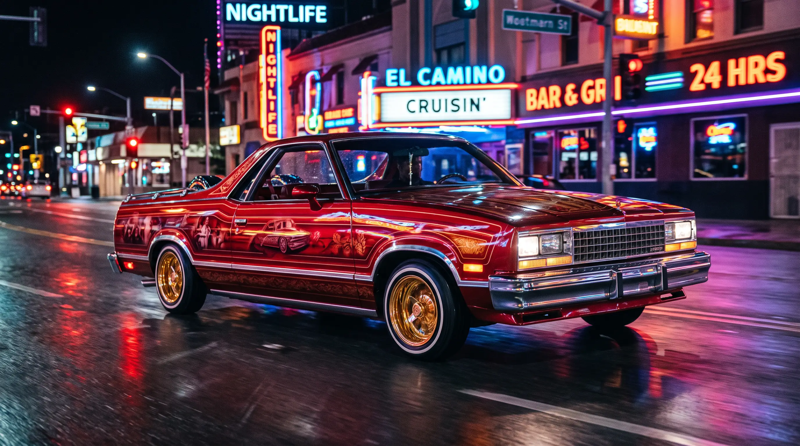 Candy red G-body El Camino lowrider cruising a neon lit night street