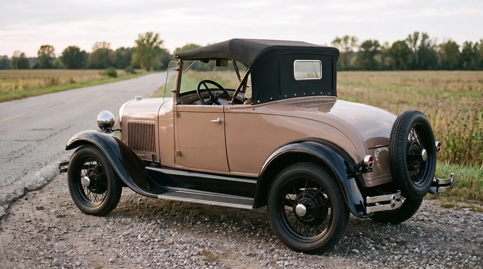 1929 Ford Model A Roadster on an empty country road