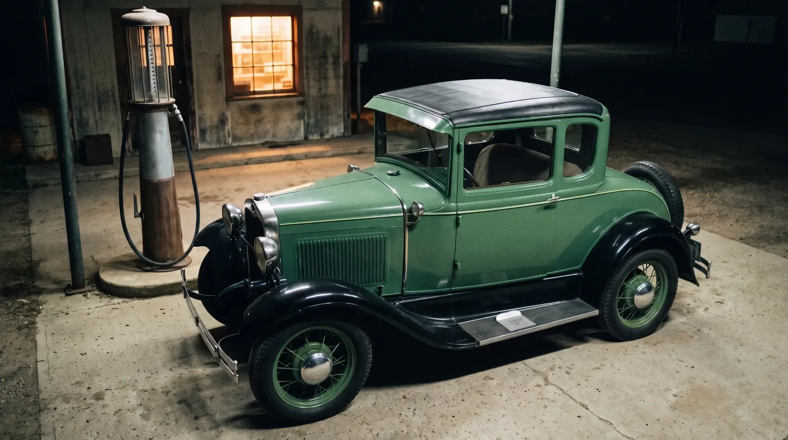 1930 Ford Model A coupe, parked at a filling station at night