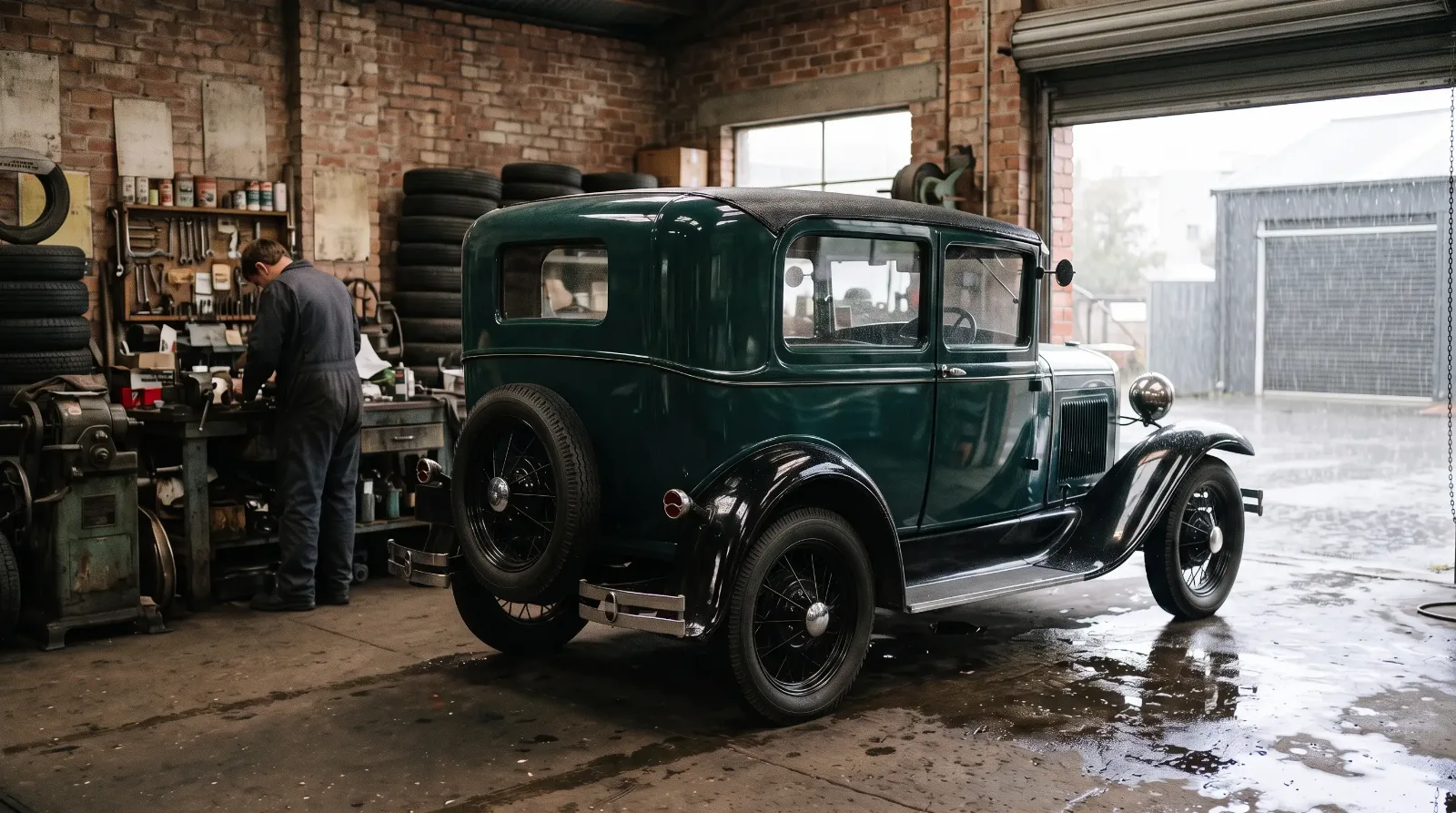 1930 Ford Model A Tudor in a repair garage on a rainy day