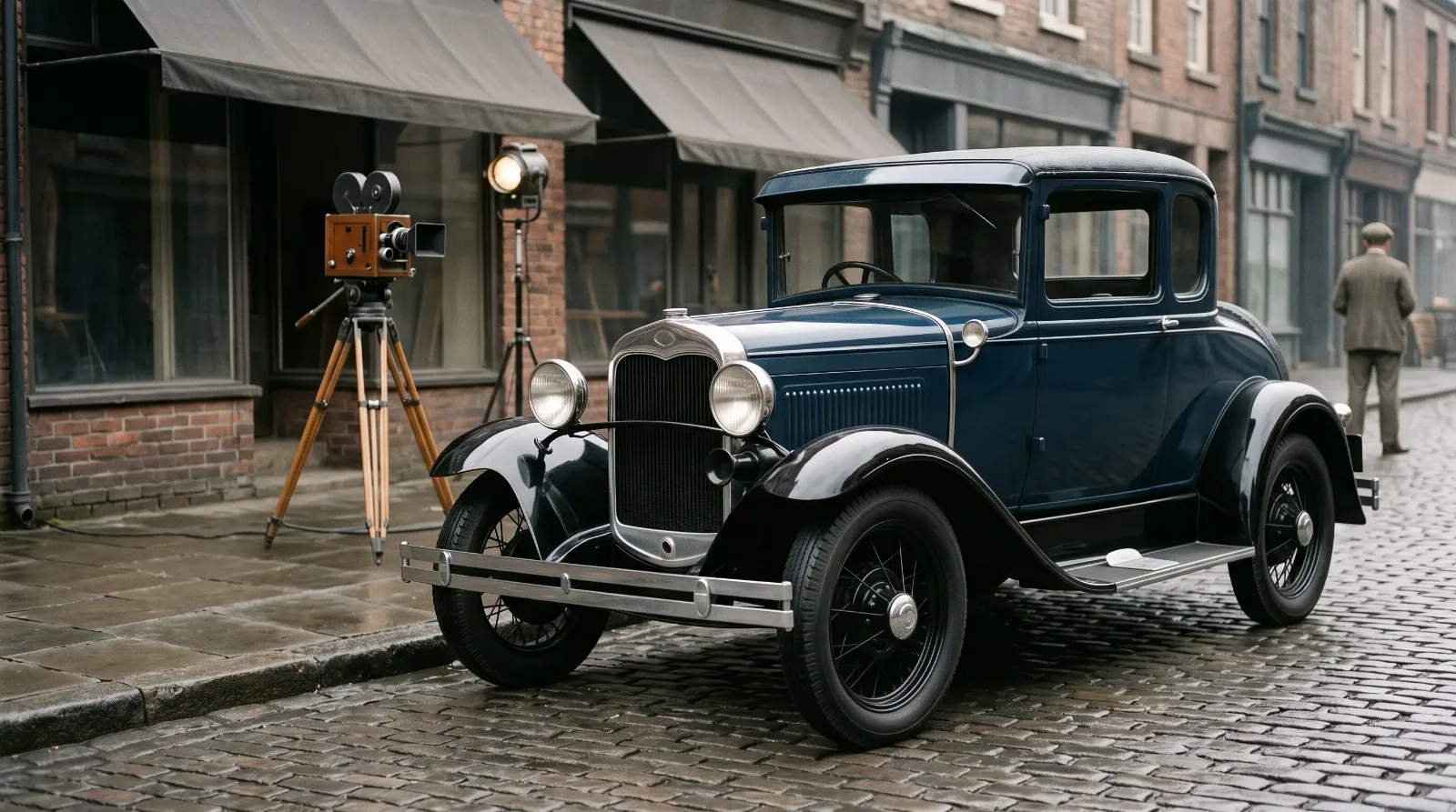 1930 Ford Model A Coupe, parked on a period film set