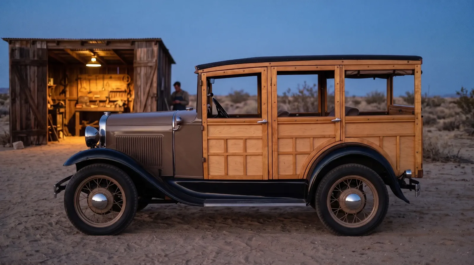 1930 Ford Model A station wagon, desert homestead at dusk