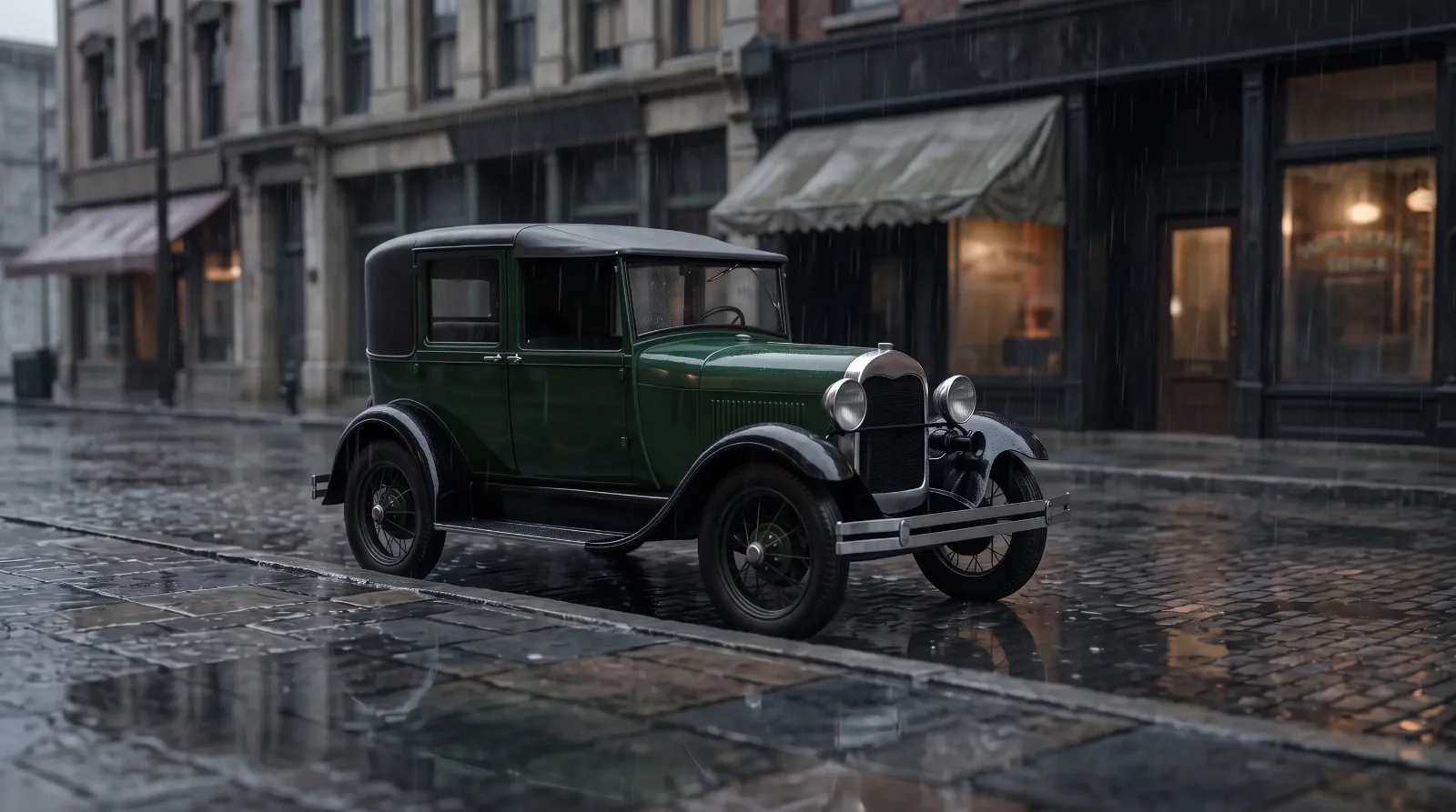 1929 Ford Model A Town Car, parked on a rainy city street
