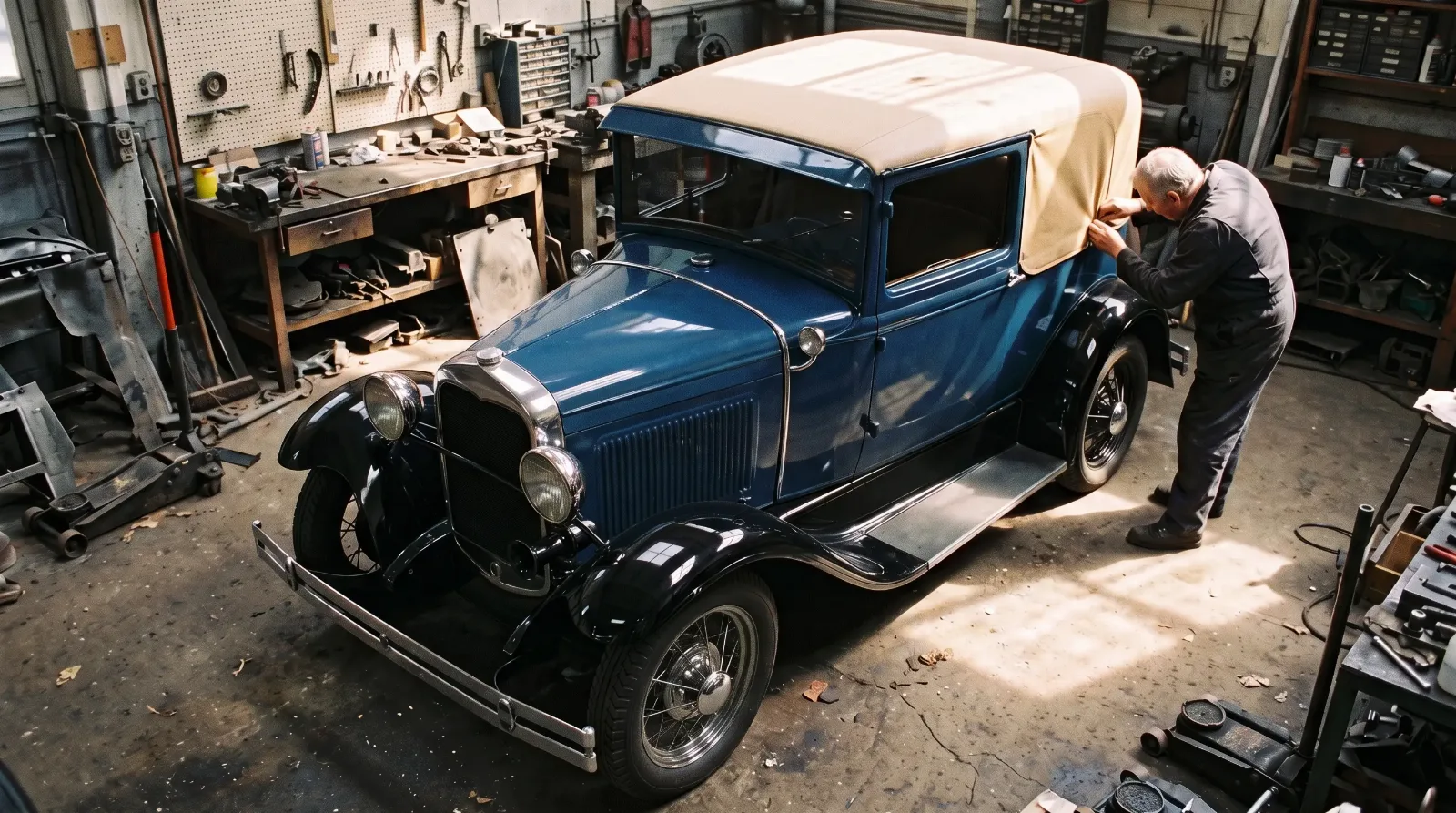1931 Ford Model A Victoria leatherback, fabric rear quarters being refitted in a workshop