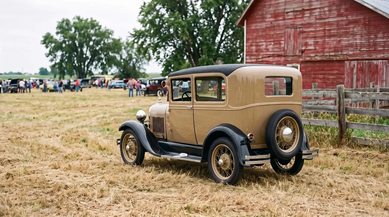 1928 Ford Model A Tudor, at a rural barn show