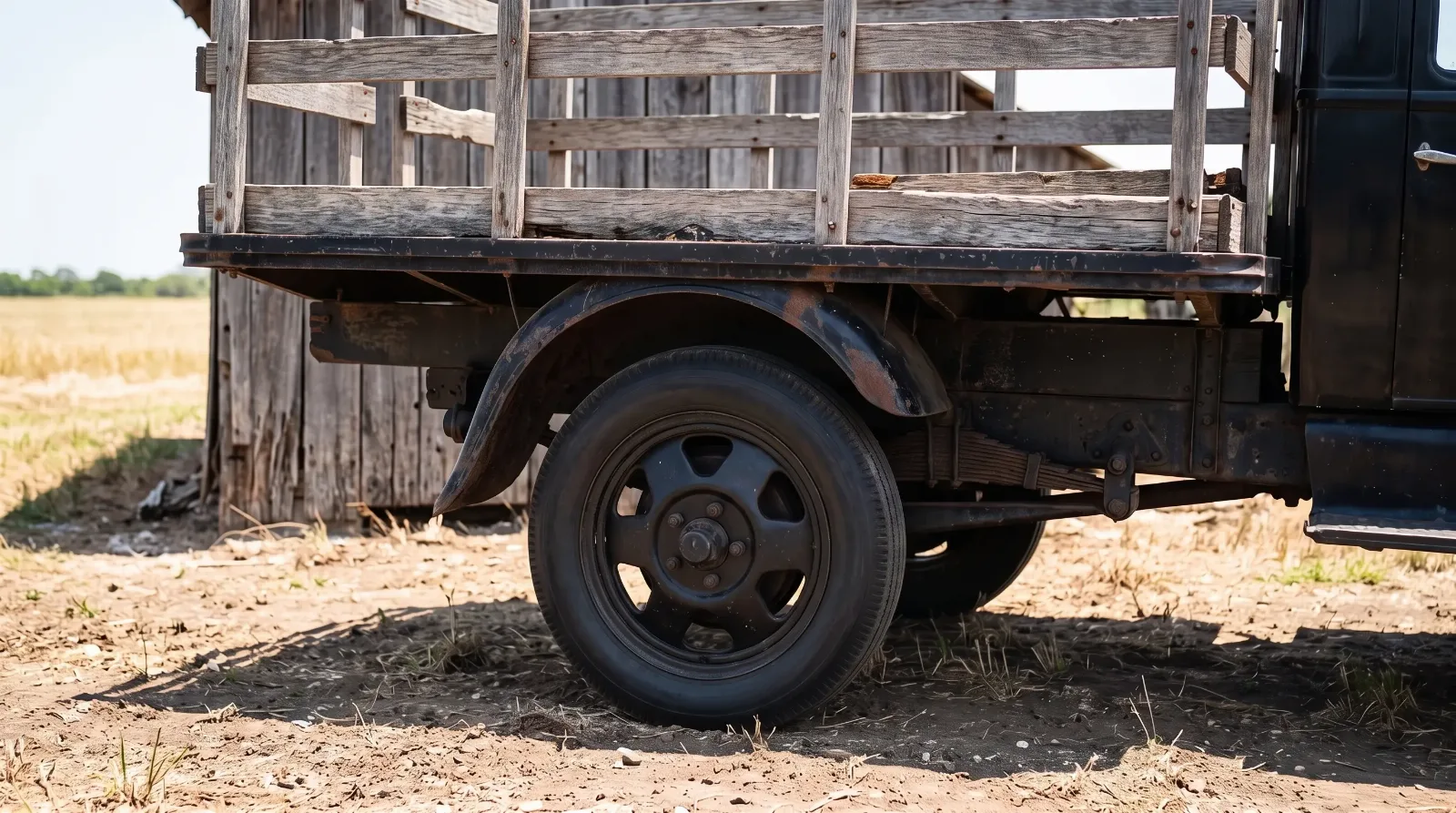1929 Ford Model AA truck, six-slot disc wheel beside a barn