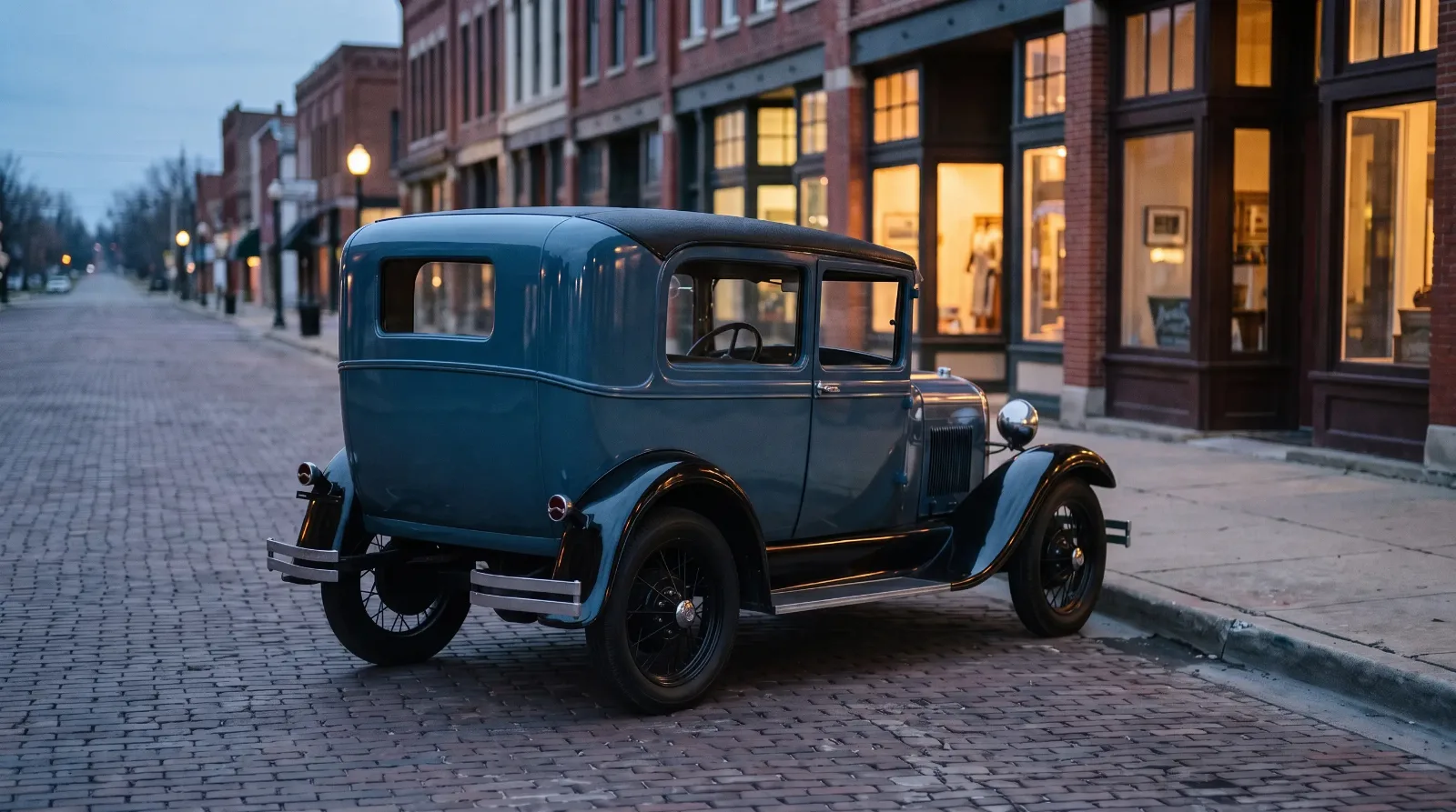 1929 Ford Model A Tudor, parked on a brick street at dusk