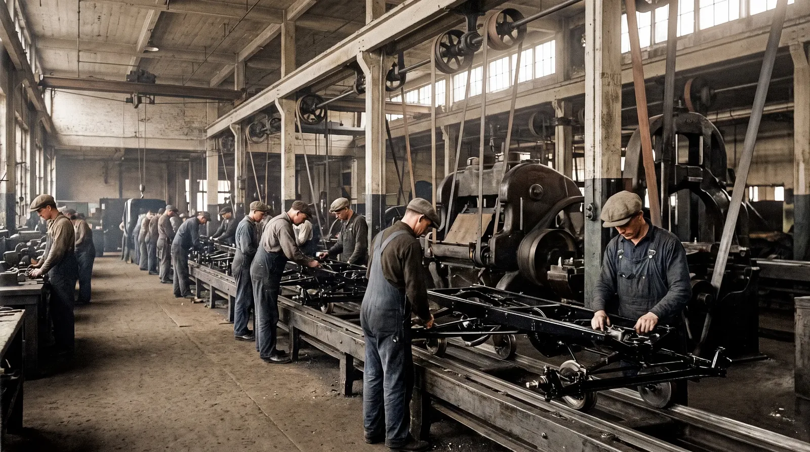 Workers assembling Model T chassis, Highland Park line