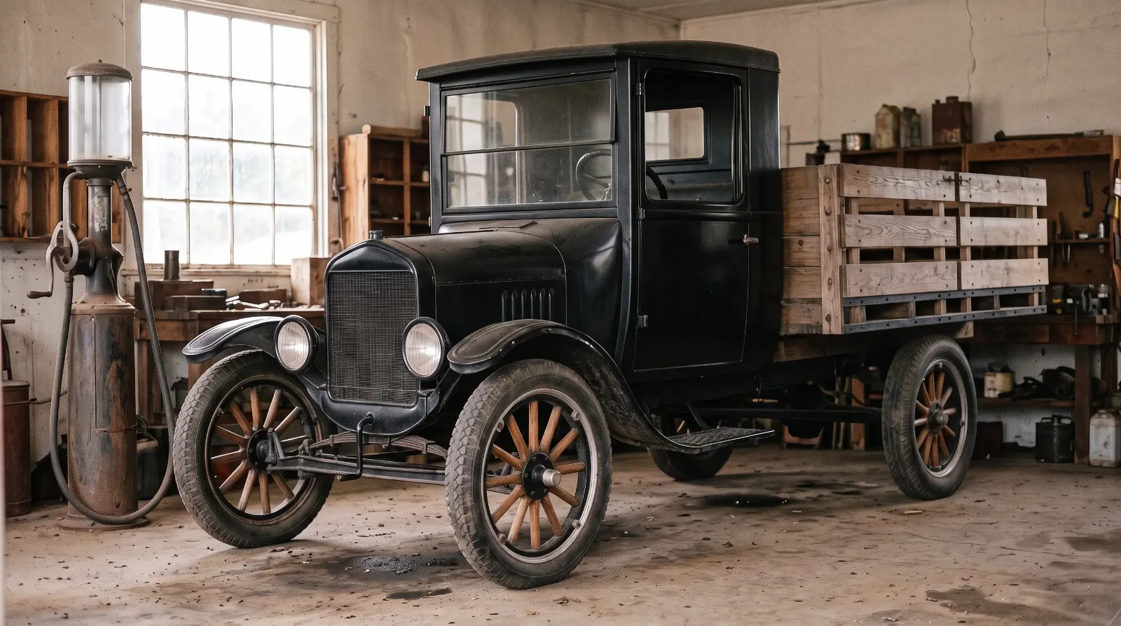 1926 Ford Model TT, closed cab in a filling station