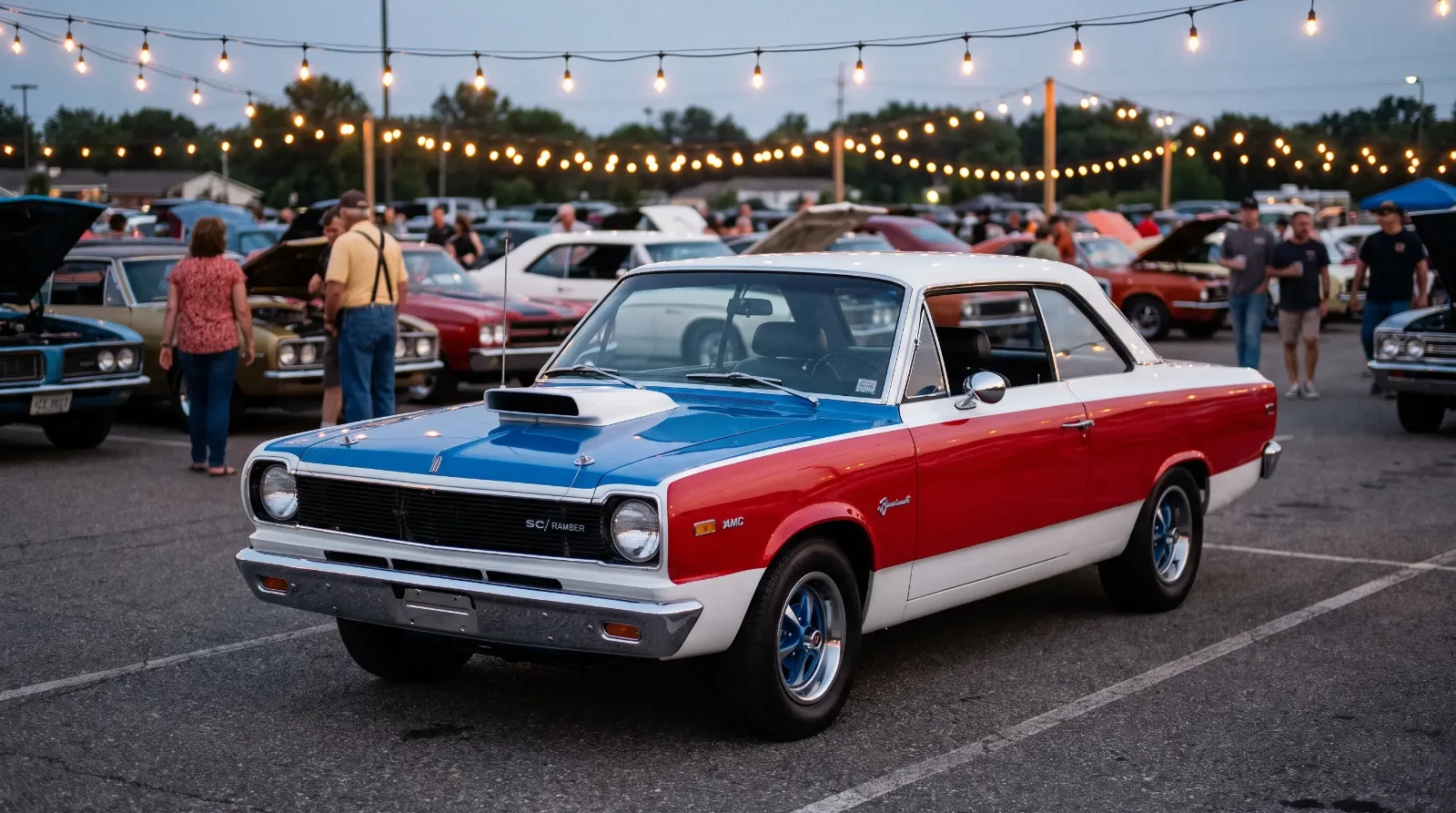 1969 AMC Hurst SC/Rambler in red white and blue at an evening cruise night