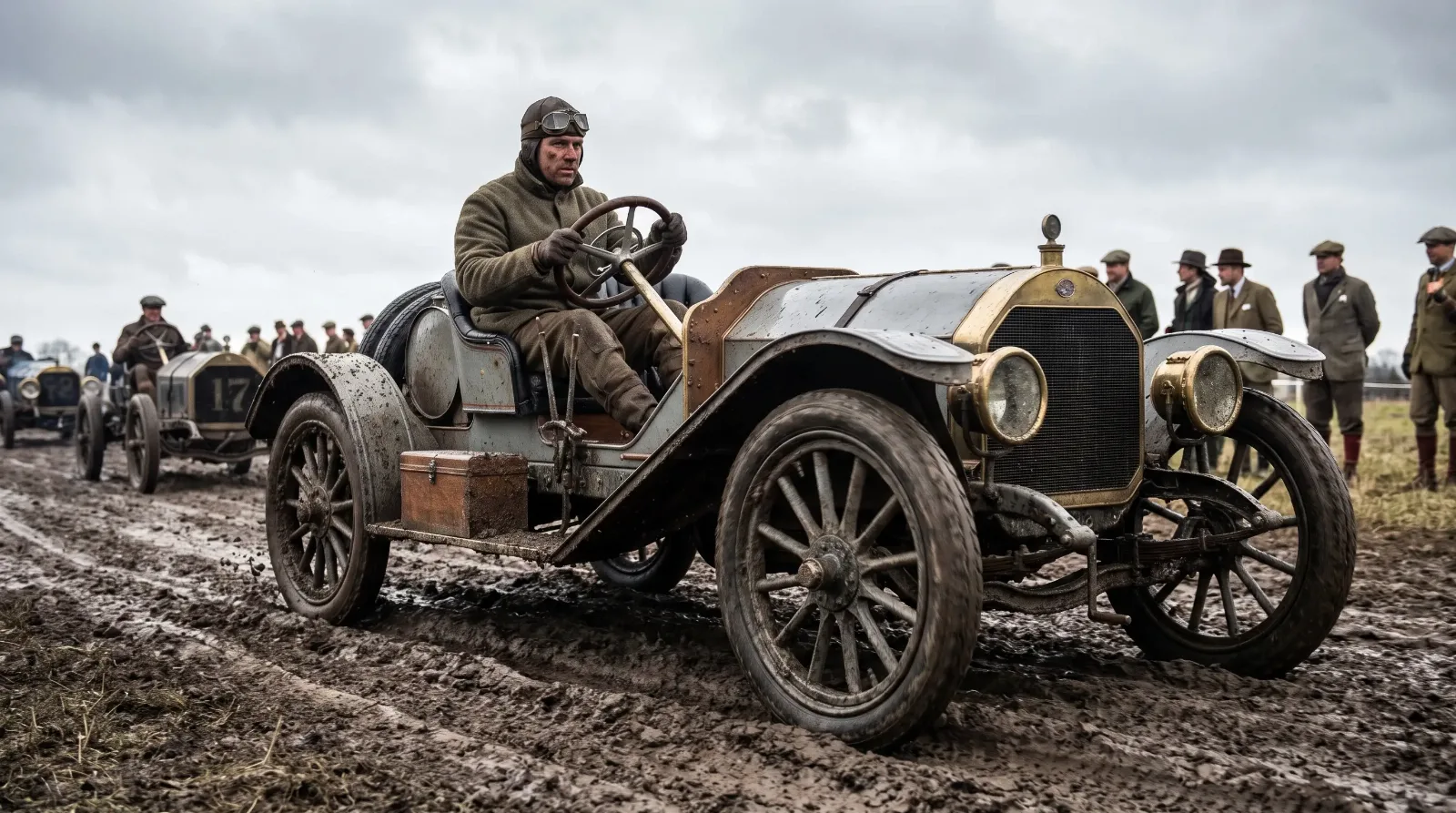 Thomas Flyer racing through mud on an endurance road race