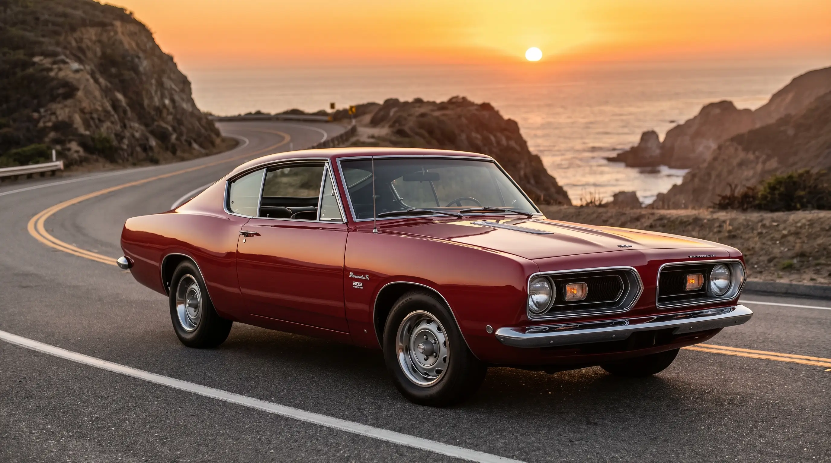 Red 1967 Plymouth Barracuda Formula S fastback on a winding coastal road at sunset