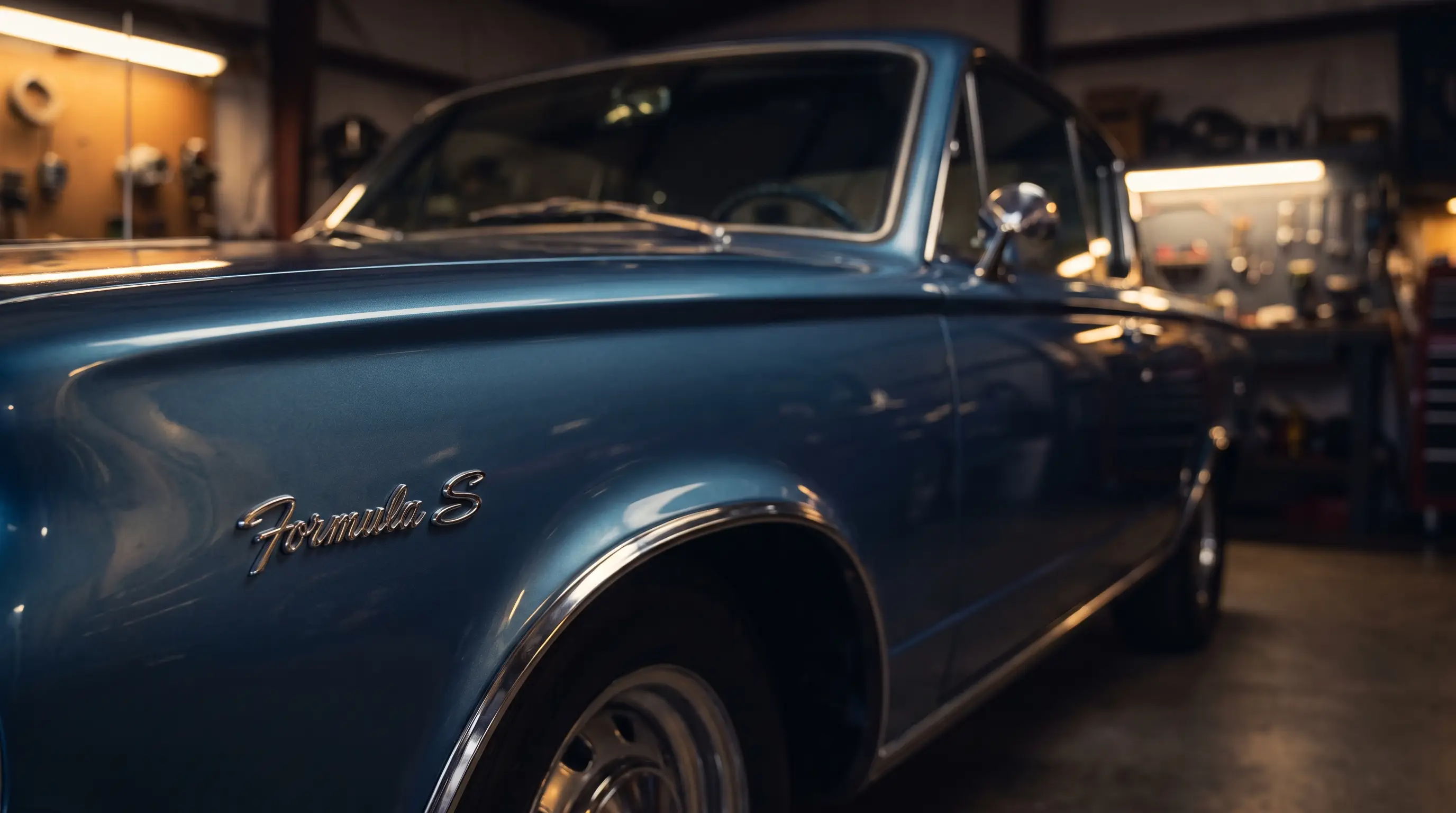 Close view of a Plymouth Barracuda fender showing the small Formula S script badge