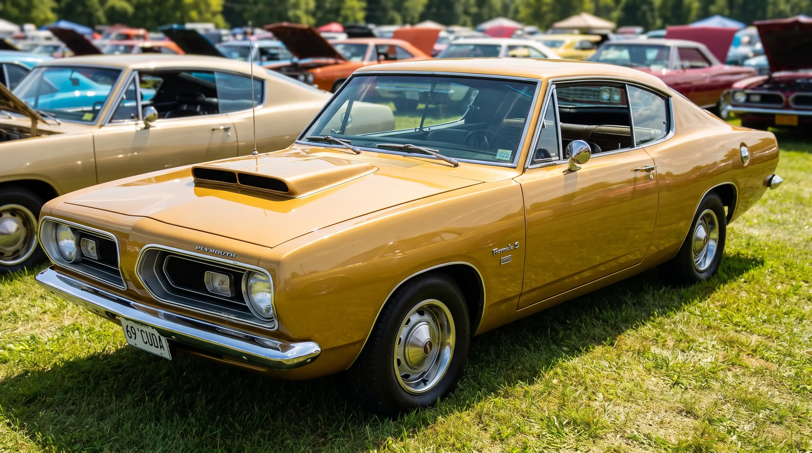 Gold 1969 Plymouth Barracuda Formula S with hood scoop at a car club meet