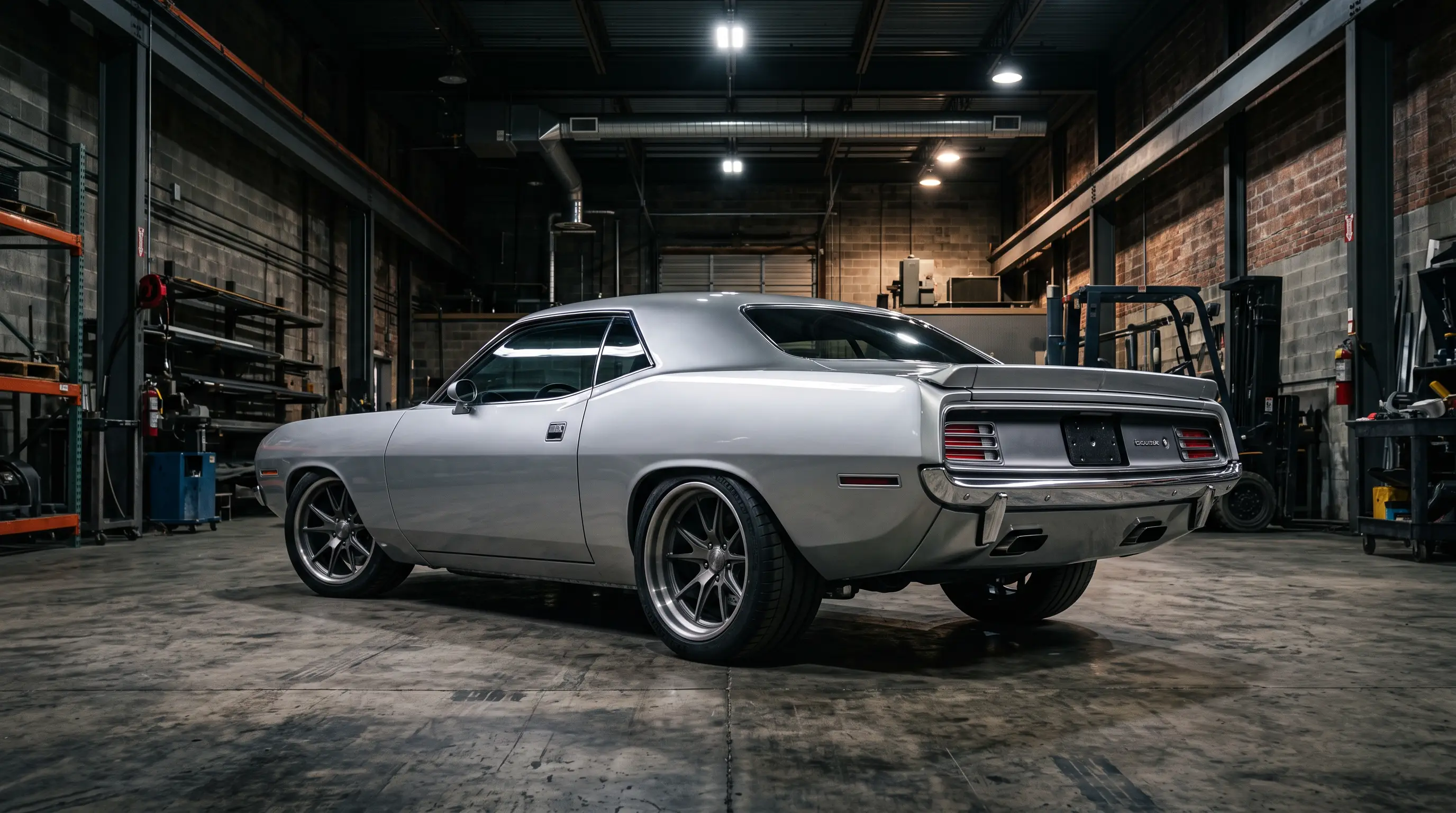 Silver 1970 Plymouth Barracuda E body in a modern industrial garage