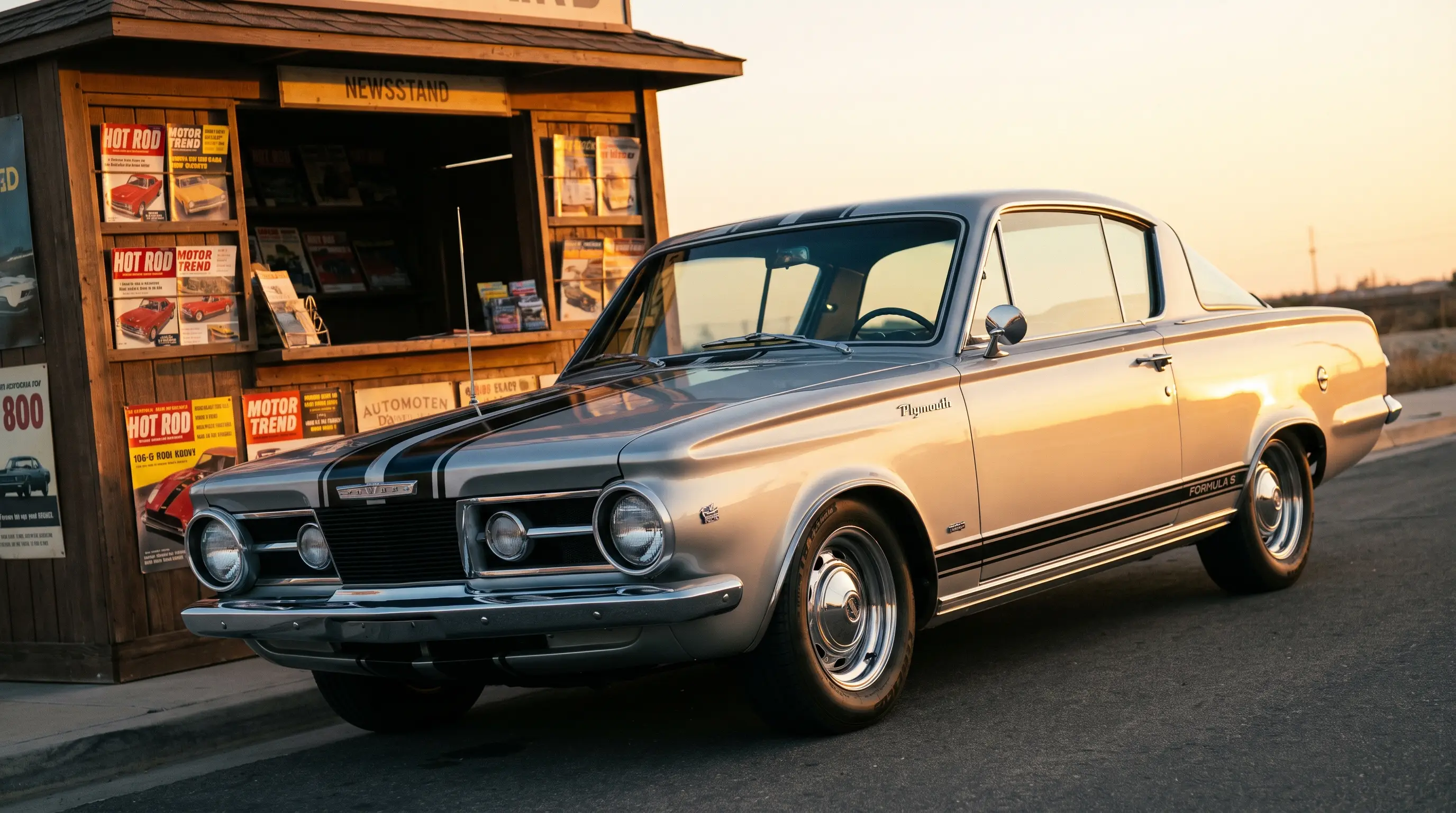 Silver 1965 Plymouth Barracuda Formula S parked by a vintage magazine newsstand