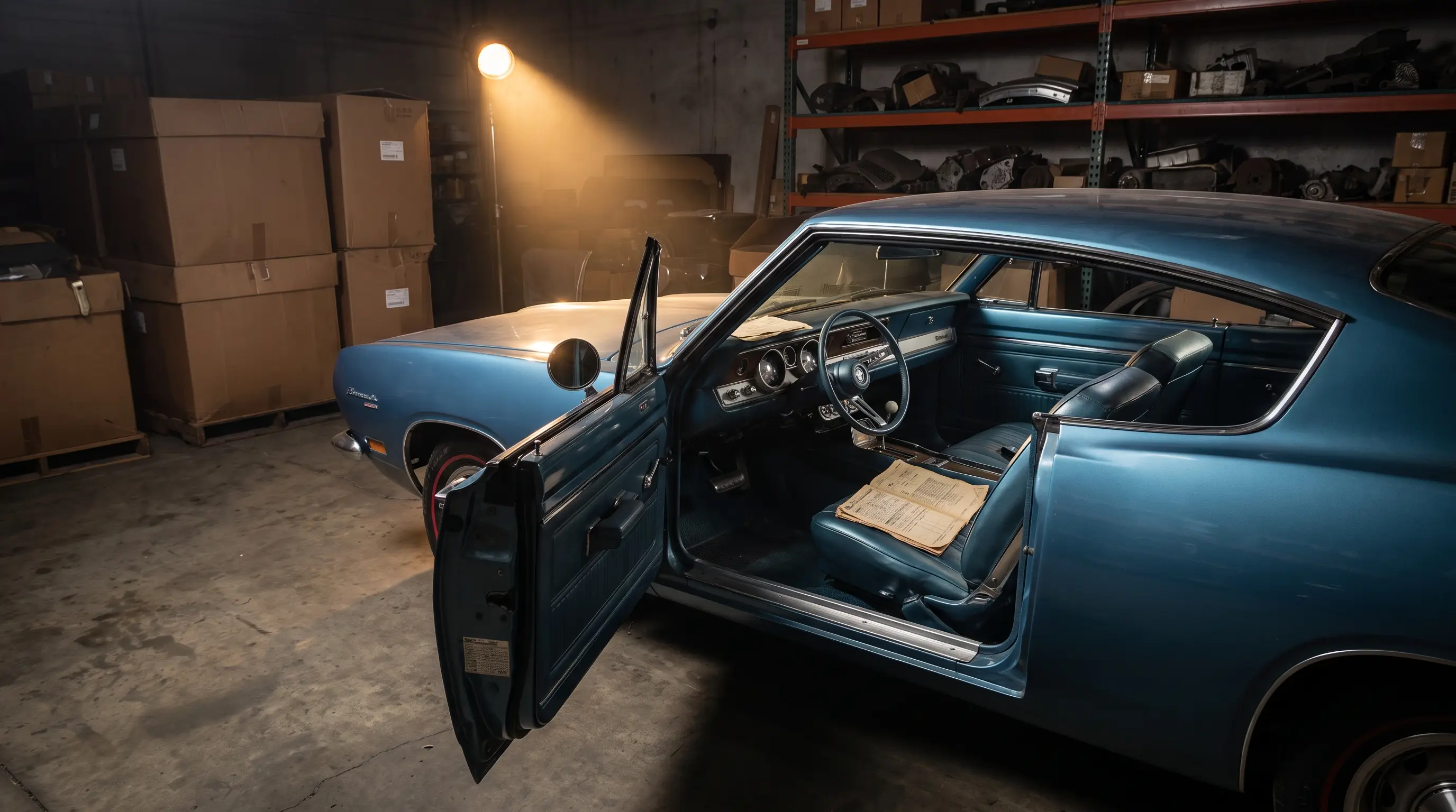 Plymouth Barracuda Formula S with door open showing fender tag in an archival warehouse