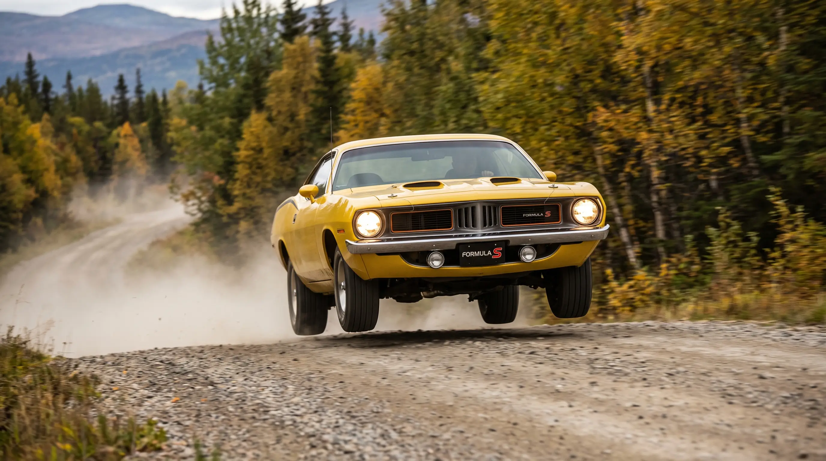 Yellow Plymouth Barracuda Formula S in motion on a dusty rally road