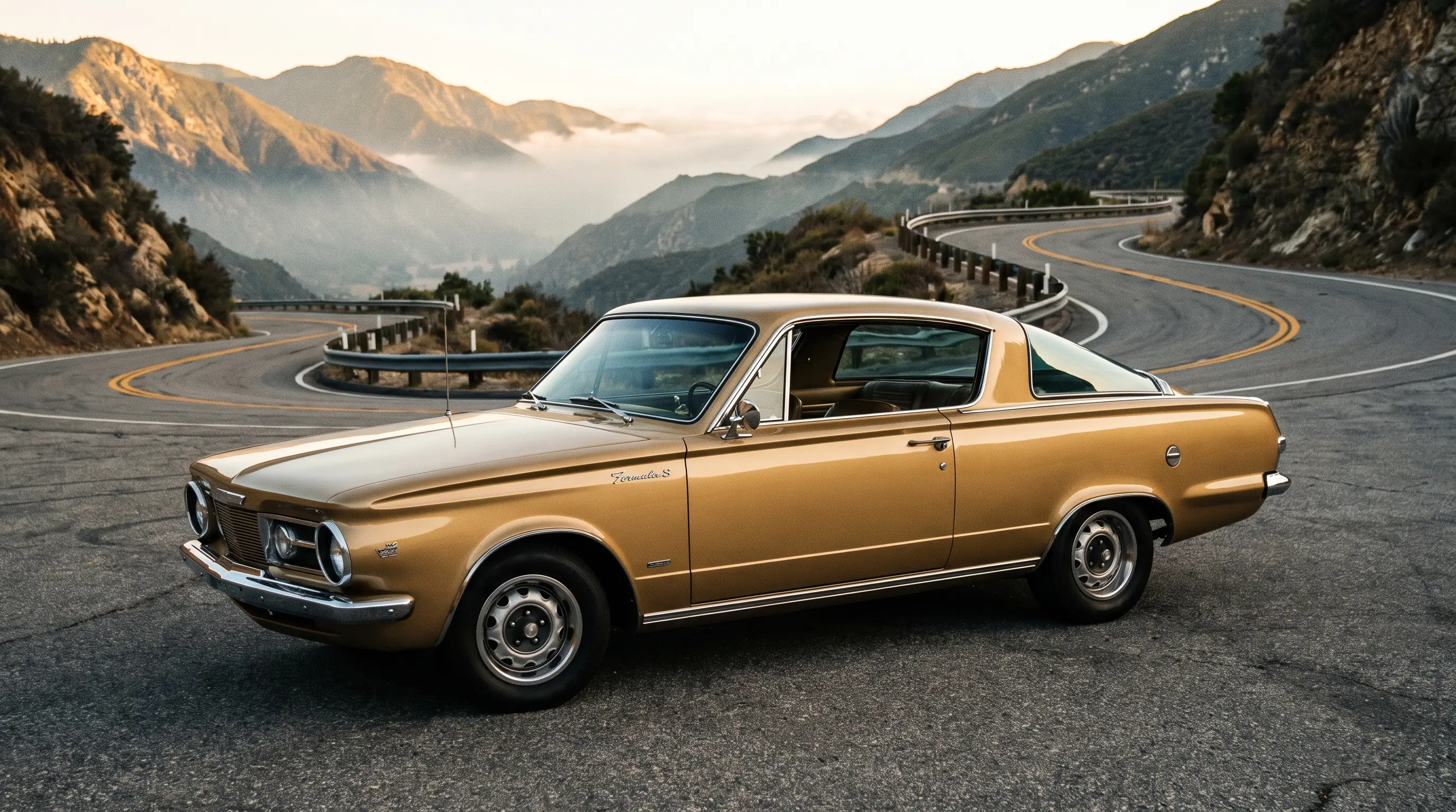 1965 Plymouth Barracuda Formula S on a twisting mountain road at sunrise