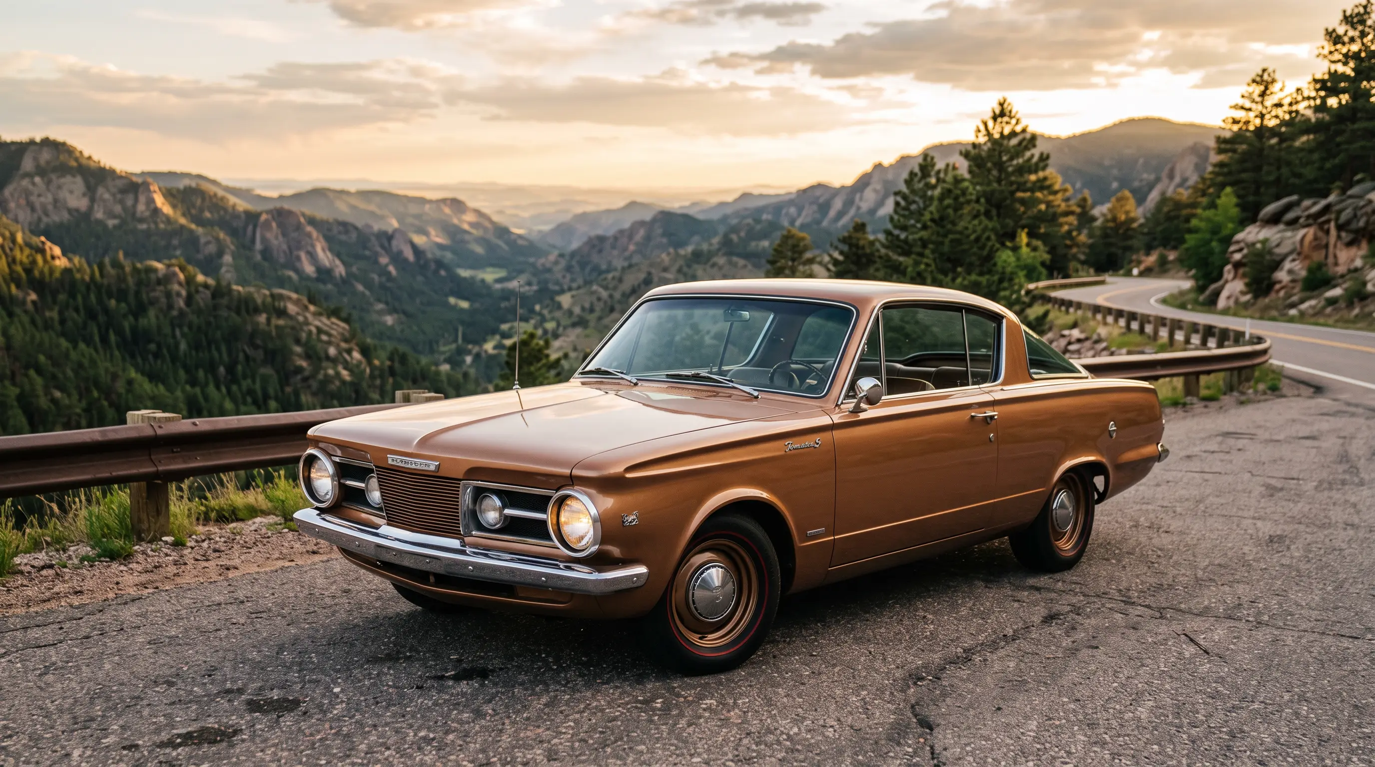 Bronze 1965 Plymouth Barracuda Formula S on a mountain overlook at sunset