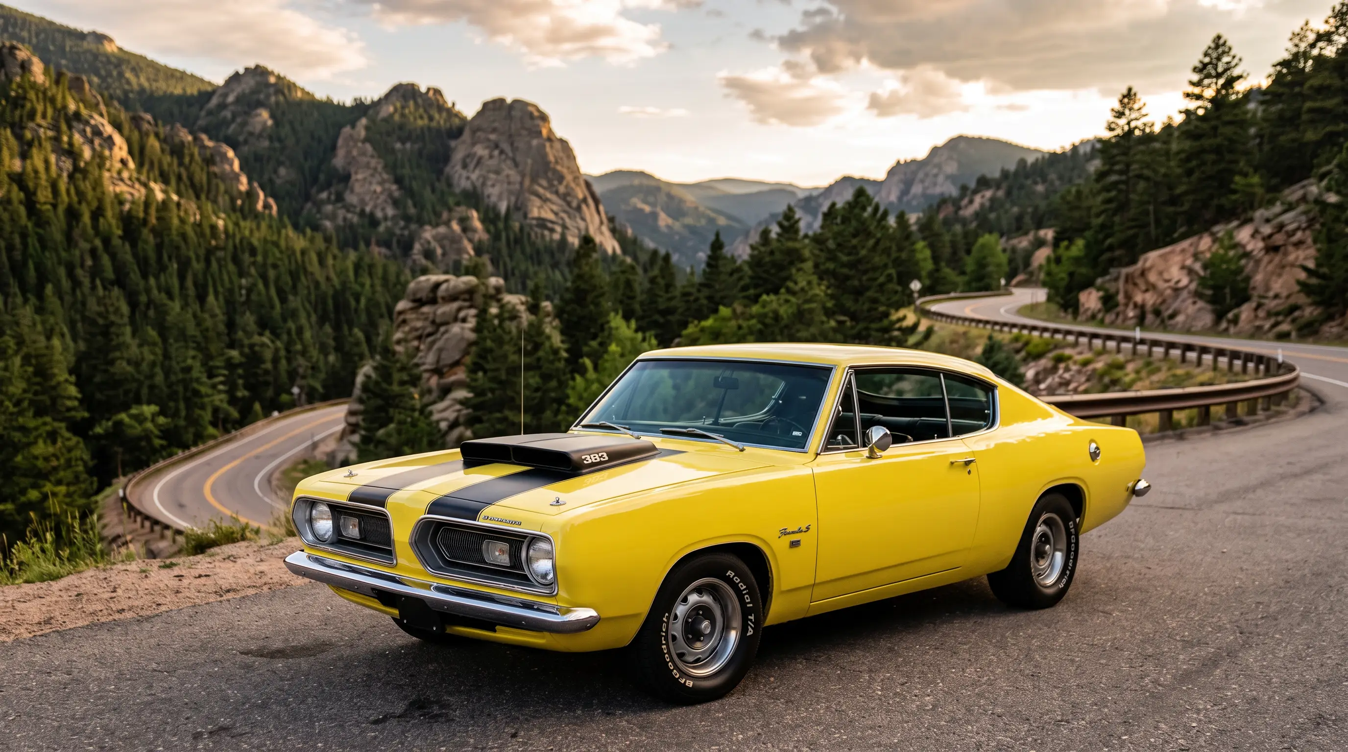 Yellow Plymouth Barracuda Formula S with hood scoop on a winding mountain road
