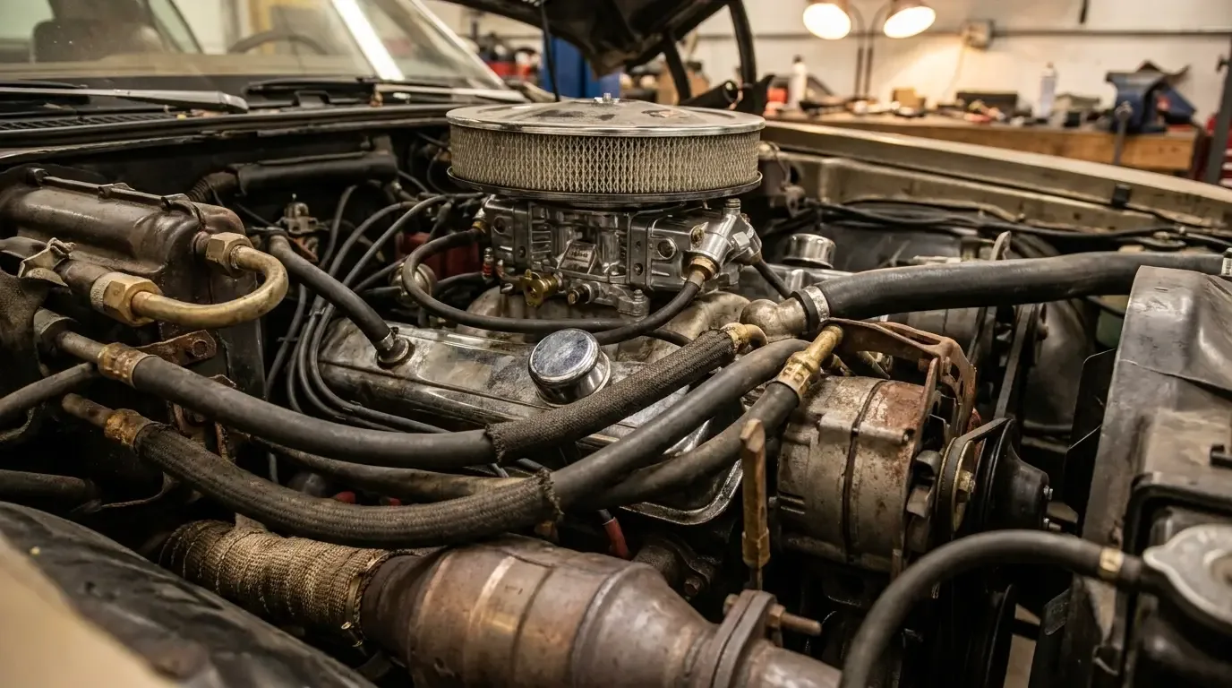 1970s V8 four-barrel carburetor surrounded by emissions vacuum plumbing