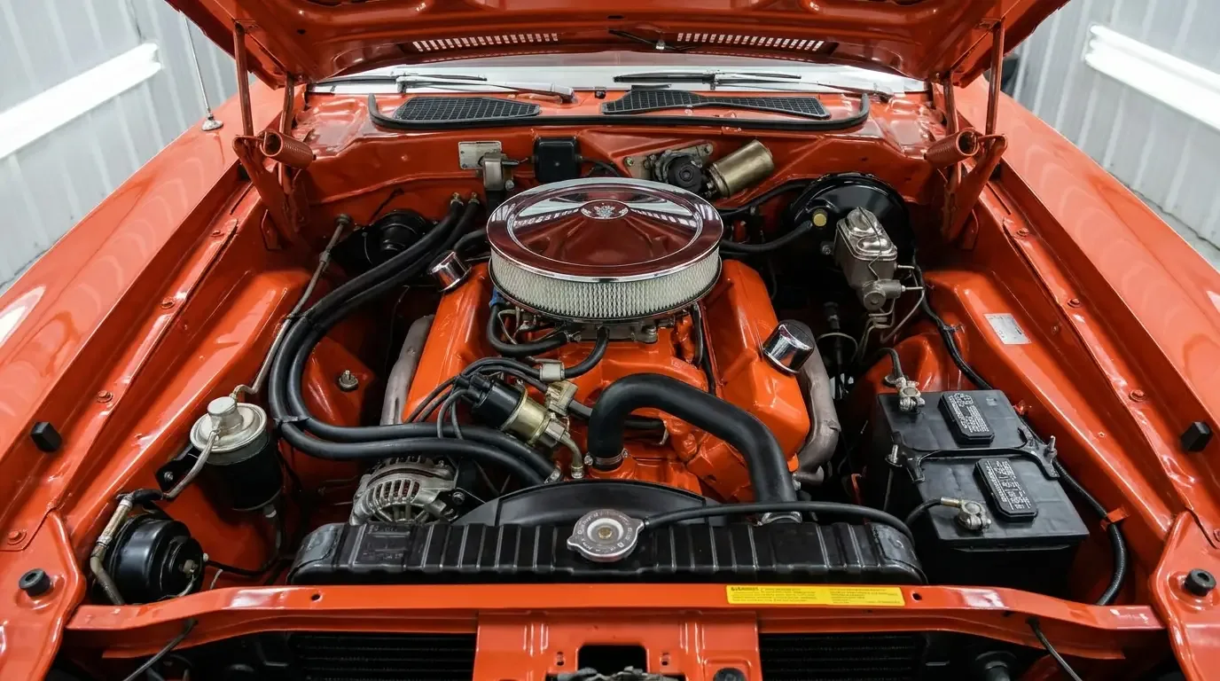 1970s Dodge Charger 400 V8 engine bay - four-barrel and emissions plumbing