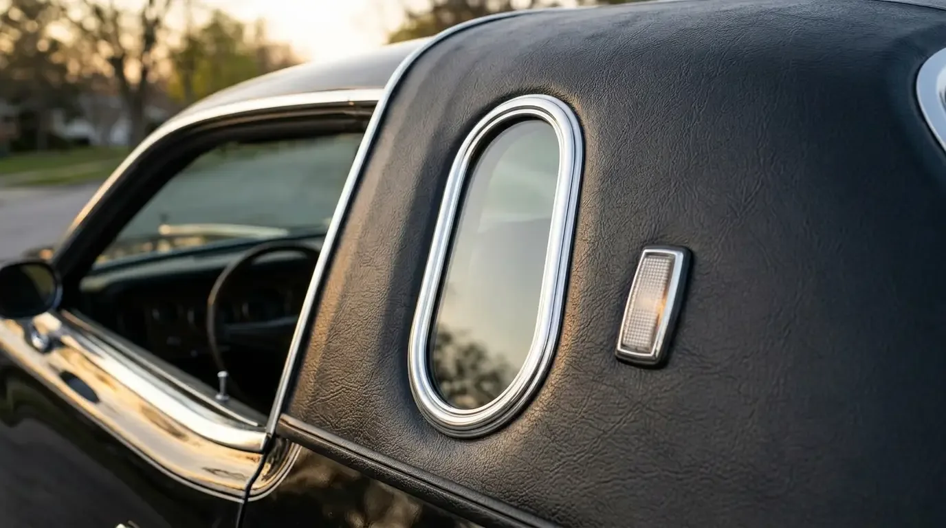1970s Dodge Charger SE opera window - chrome-ringed oval in a vinyl roof