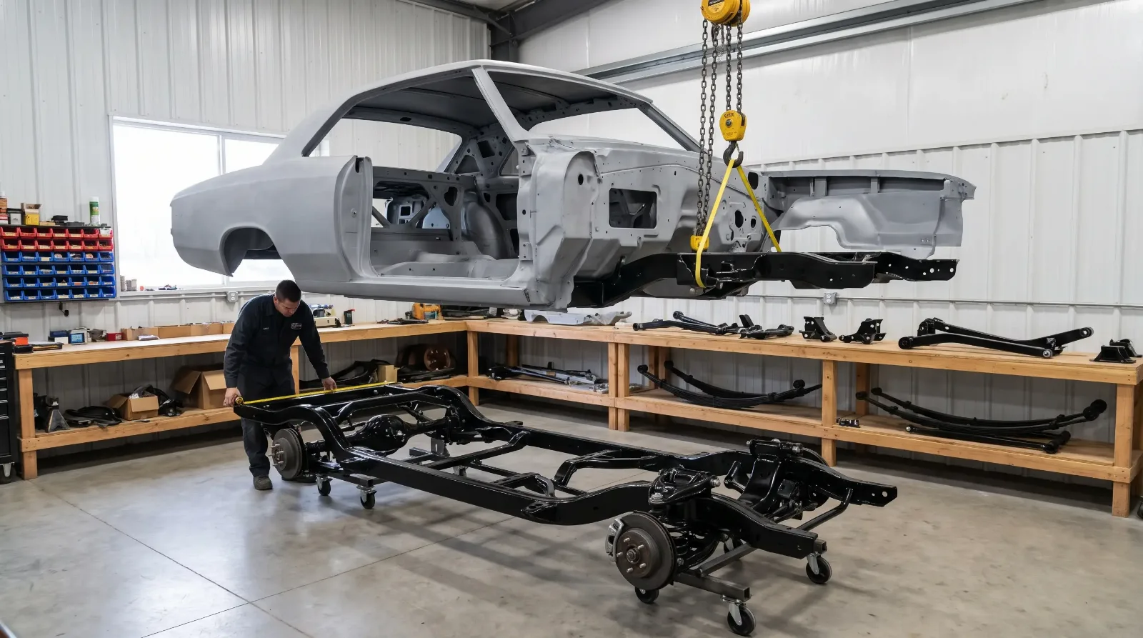 Bare classic coupe body lifted on a shop hoist above a stripped chassis during a frame-off restoration