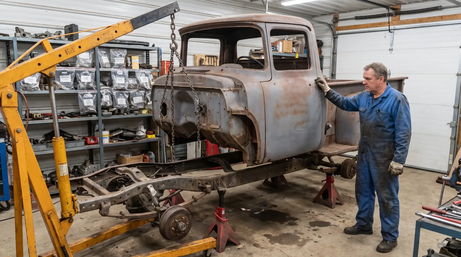 Primered 1950s pickup cab lifted on a shop hoist above its bare ladder frame during a frame-off restoration