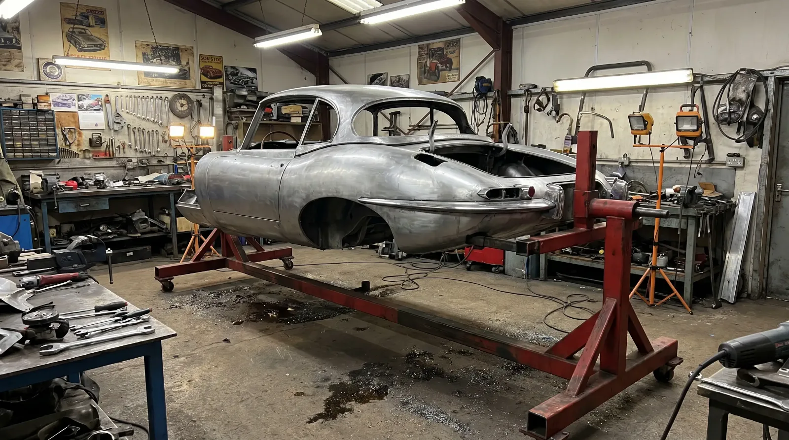 Classic car body on a rotisserie during frame-off restoration