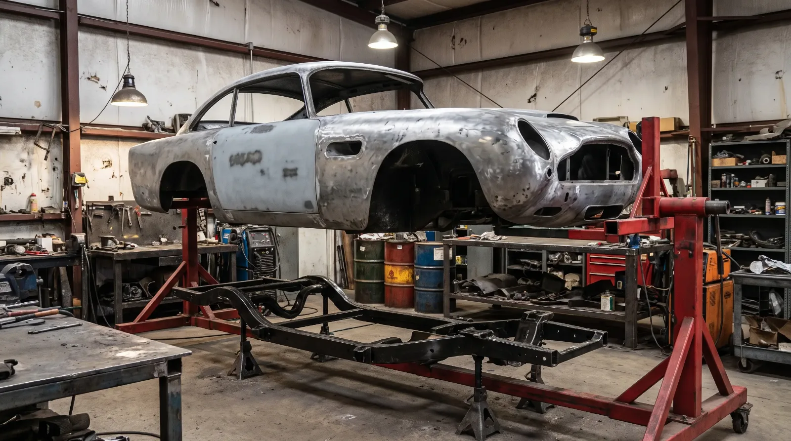 Classic luxury car body shell on a rotisserie stripped to bare metal during a frame-off restoration