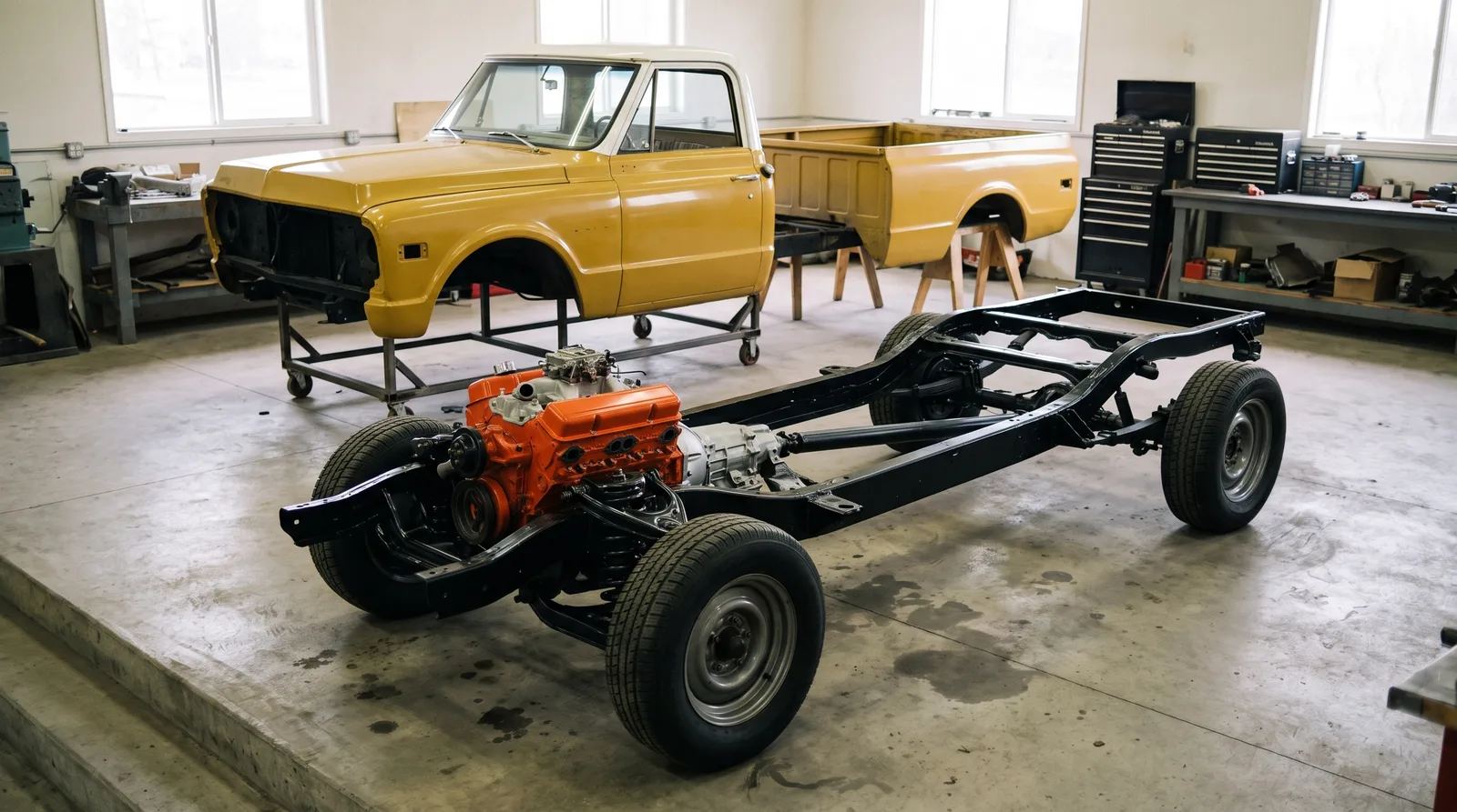 1971 Chevrolet C10, body lifted off bare rolling chassis