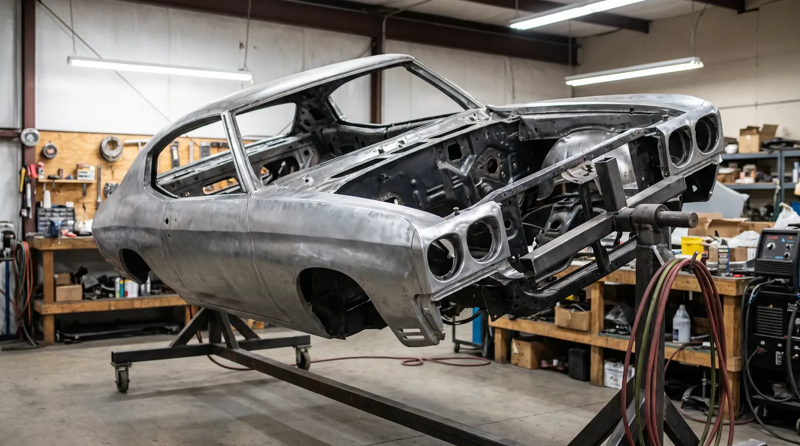 Classic pickup truck body lifted off its bare rolling chassis on a hoist in a restoration shop, the defining frame-off restoration moment