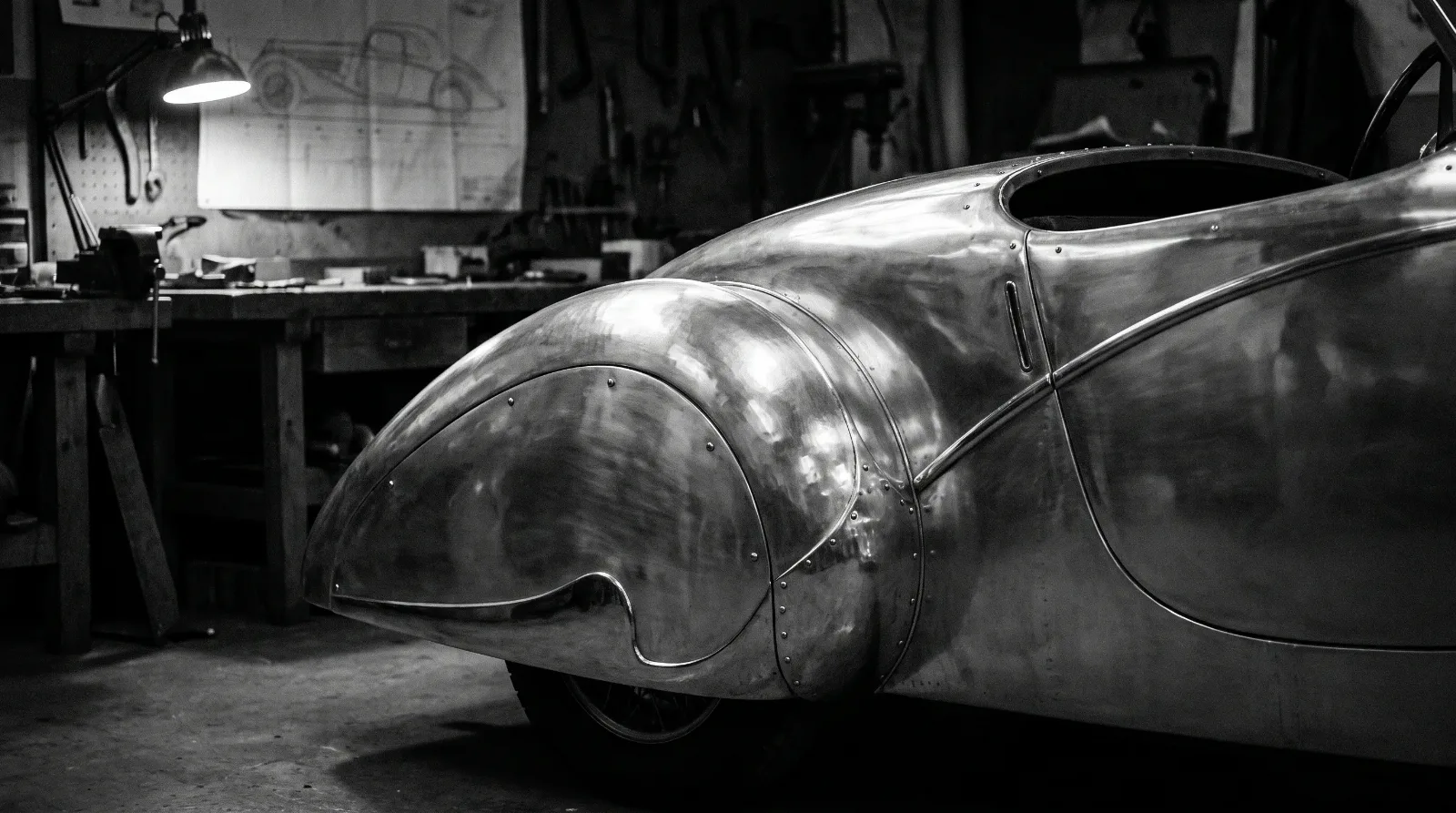 1930s Art Deco coachbuilt car - teardrop fender studio detail