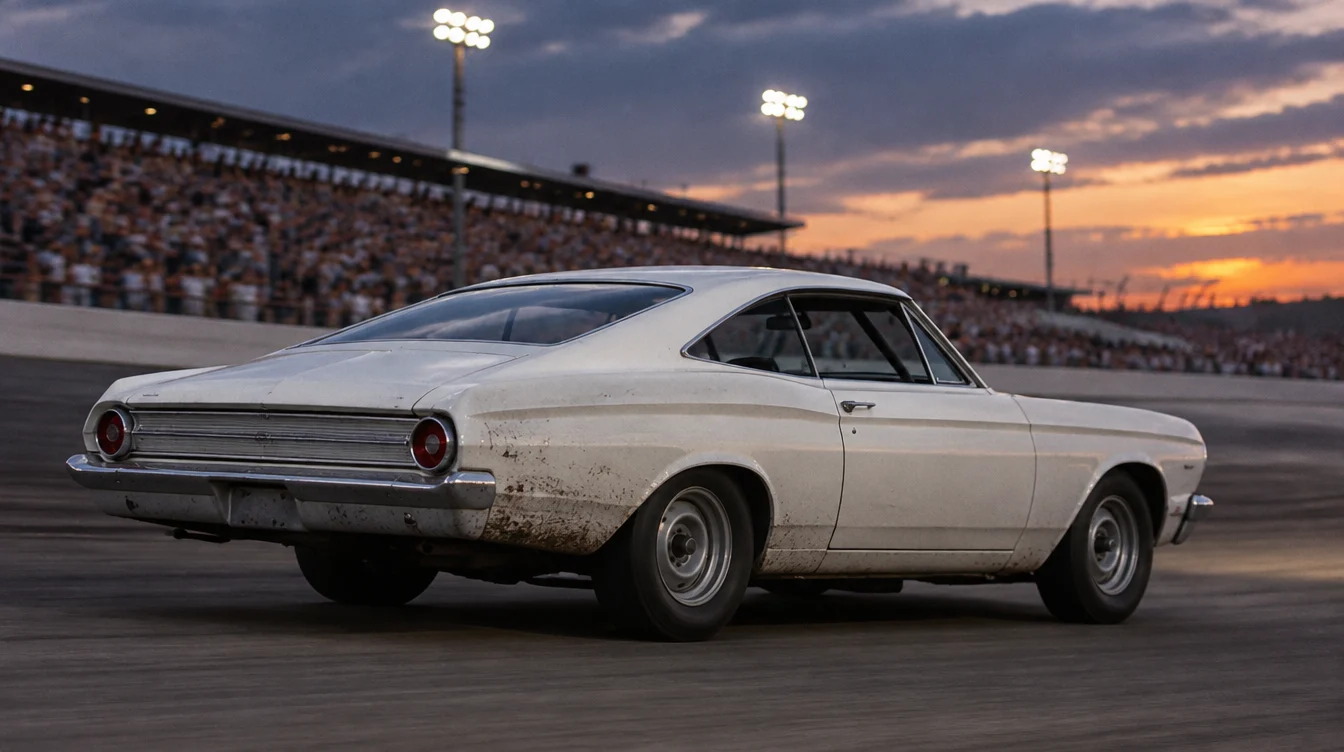 White 1963 Ford Galaxie two-door fastback stock car on a banked speedway at dusk