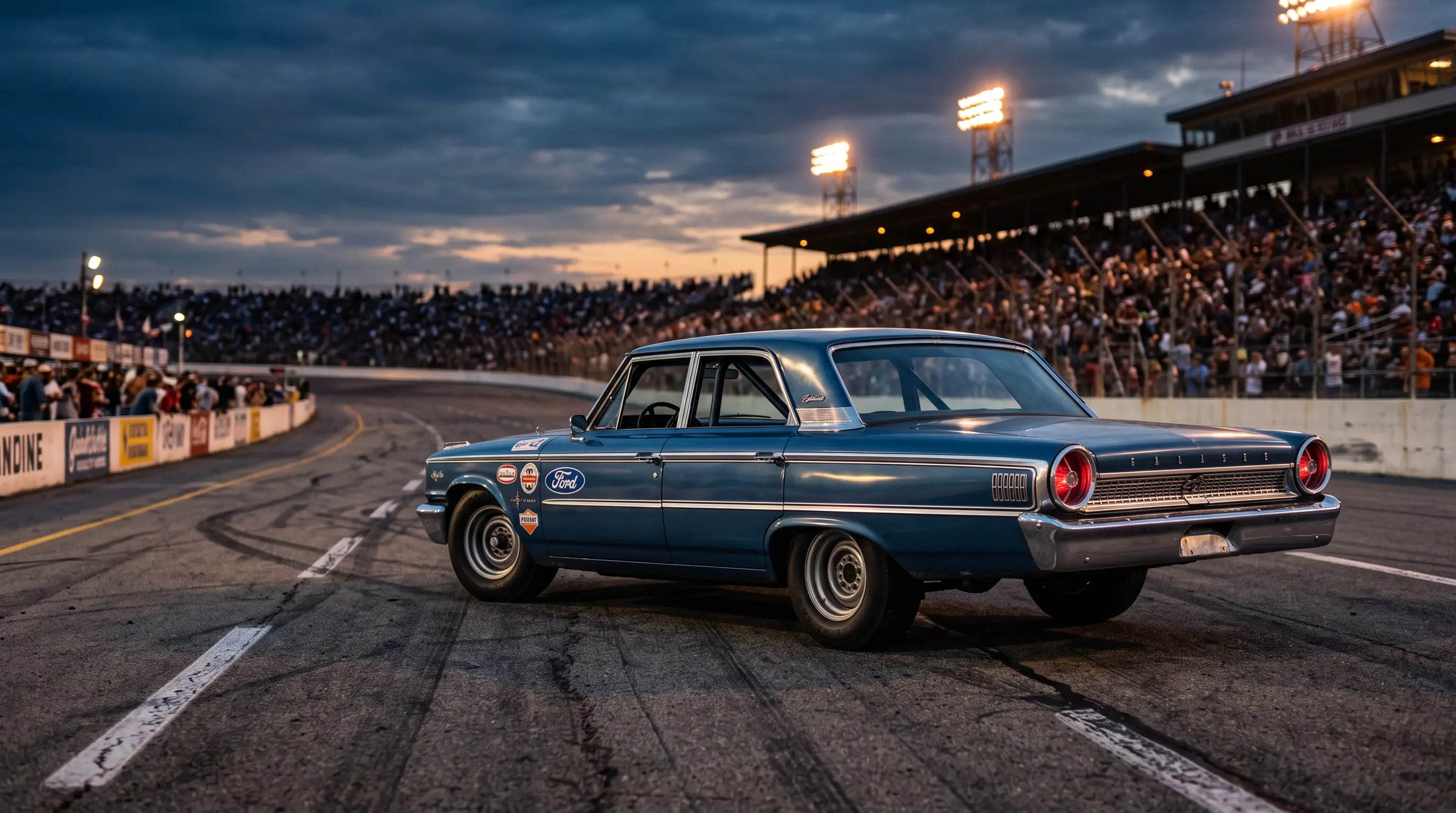 1963 Ford Galaxie full size sedan on an oval speedway track at dusk