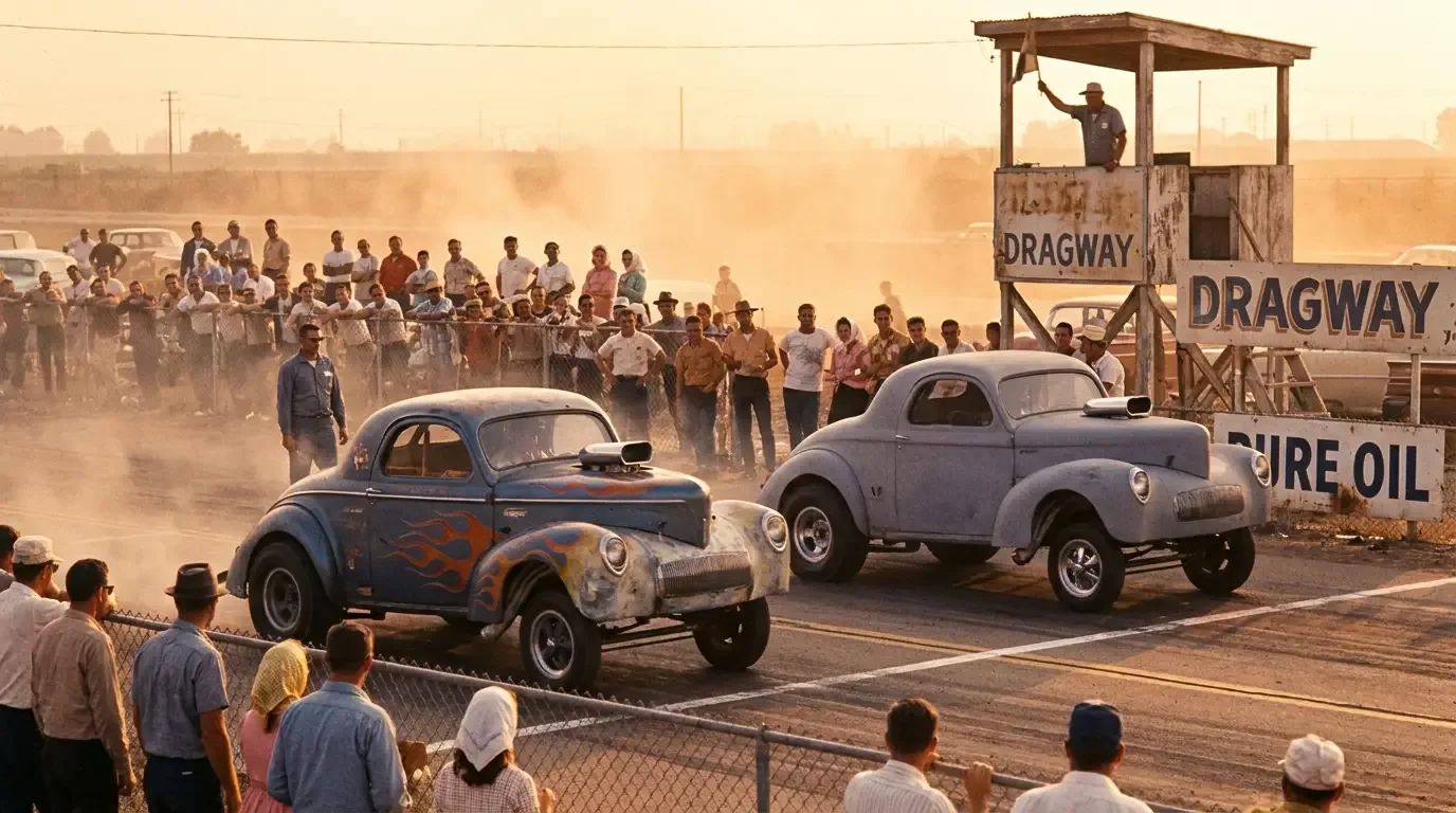 Two nose-high gasser drag cars staged at the starting line of a 1960s Southern California dragstrip, with a period crowd and old timing tower