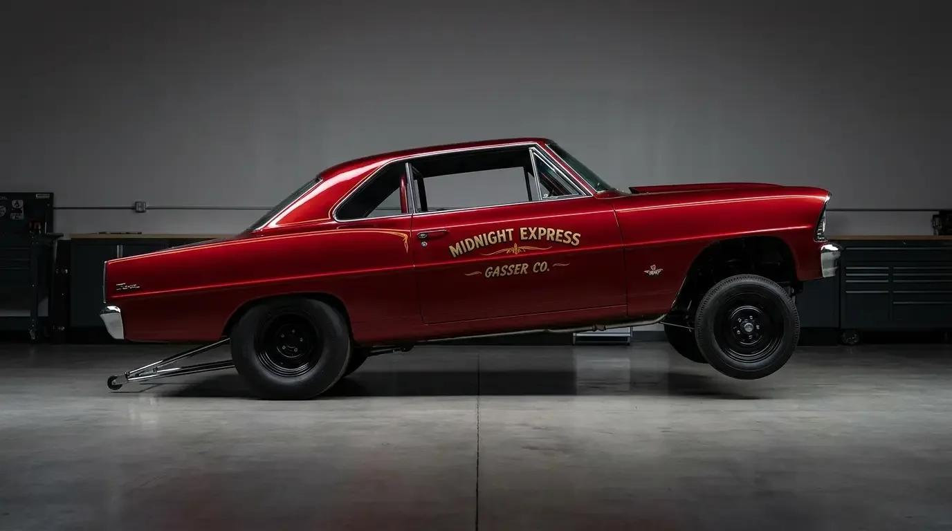 Side profile of a candy-painted 1960s gasser with extreme nose-high rake, skinny front tires, fat rear slicks, and visible ladder bars