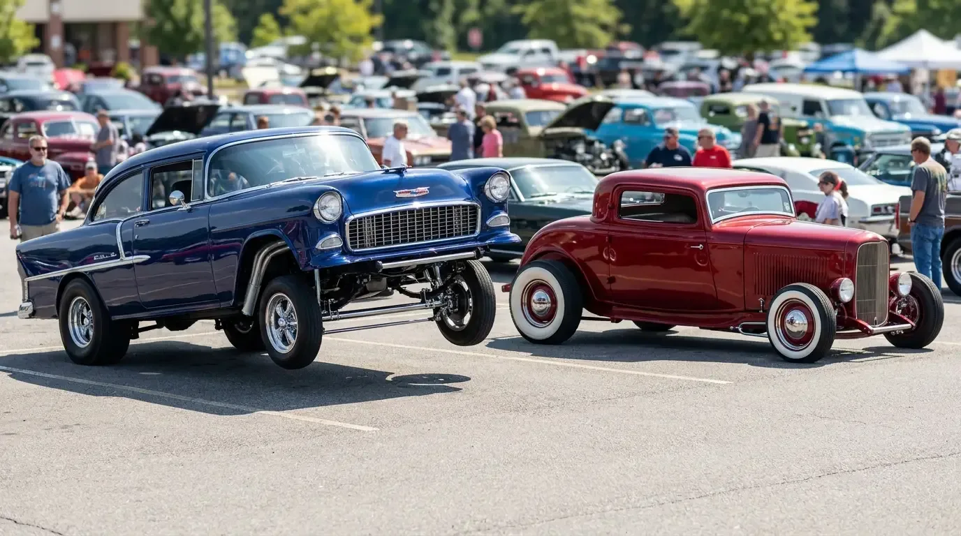 A nose-high straight-axle gasser parked beside a low street hot rod at a classic car show, the stance contrast between the two builds clearly visible