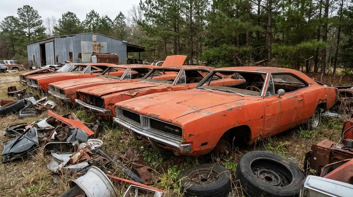 Wrecked second-generation Dodge Chargers piled in a rural body-shop yard