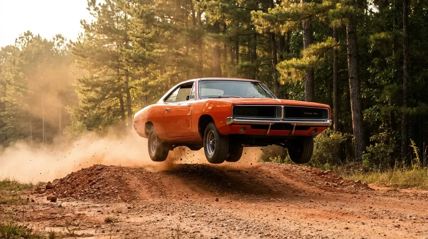 1969 Dodge Charger in orange - mid-jump over a dirt berm