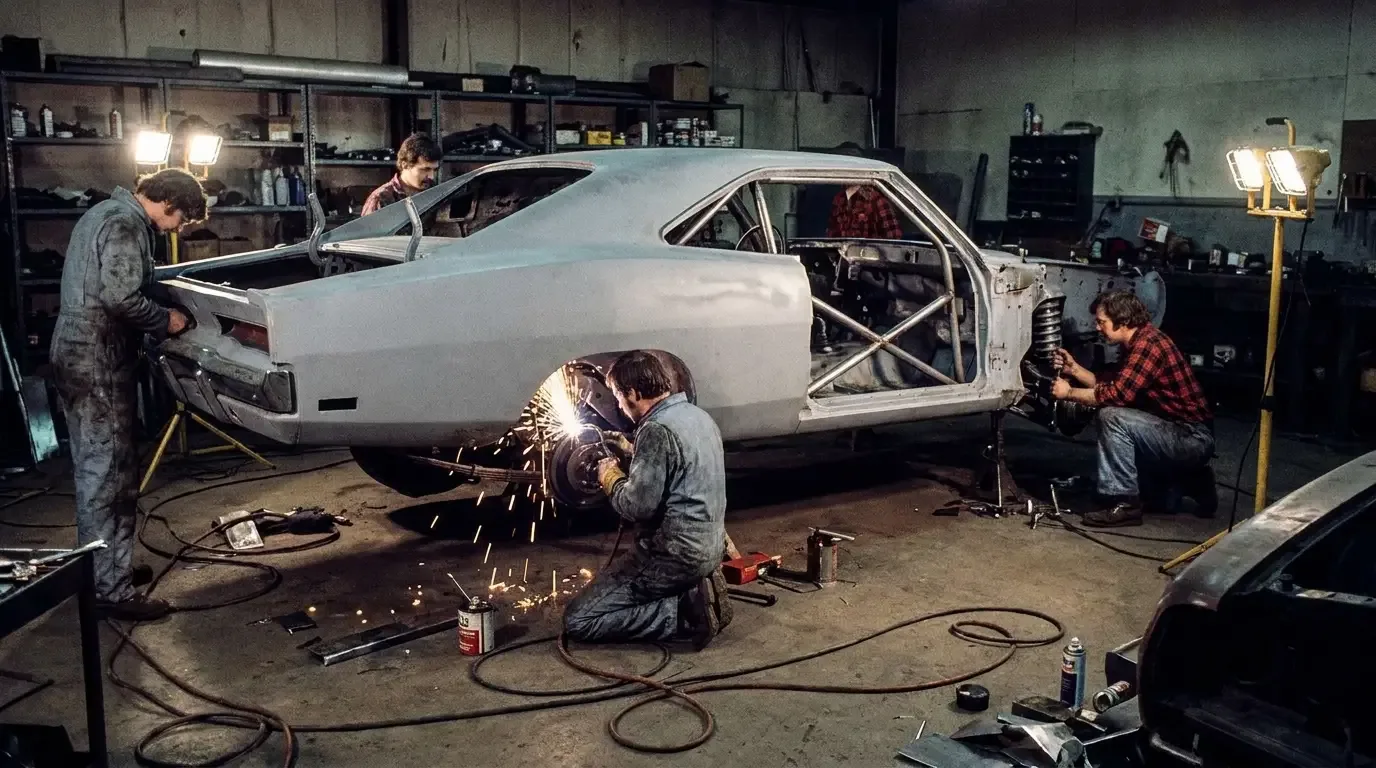 Stripped second-generation Dodge Charger being reinforced with a roll cage in a workshop for stunt jumps