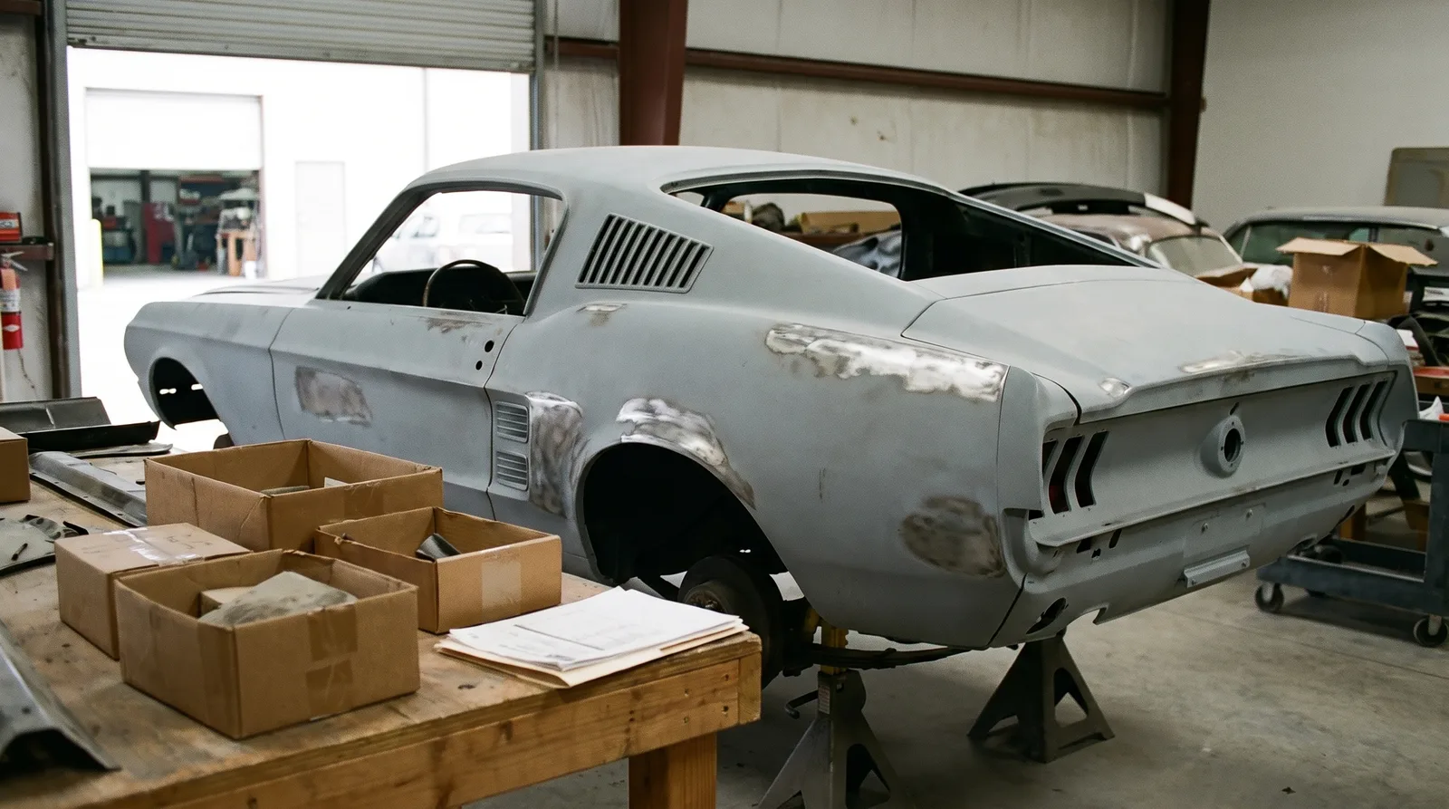 1967 Ford Mustang fastback, stalled in primer on jack stands