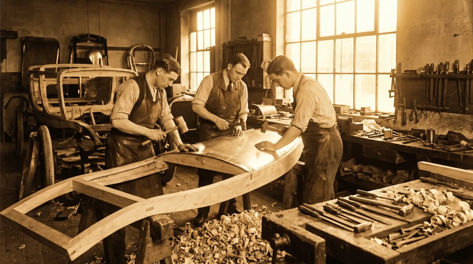 Craftsmen hand-forming a body panel in a coachbuilding workshop