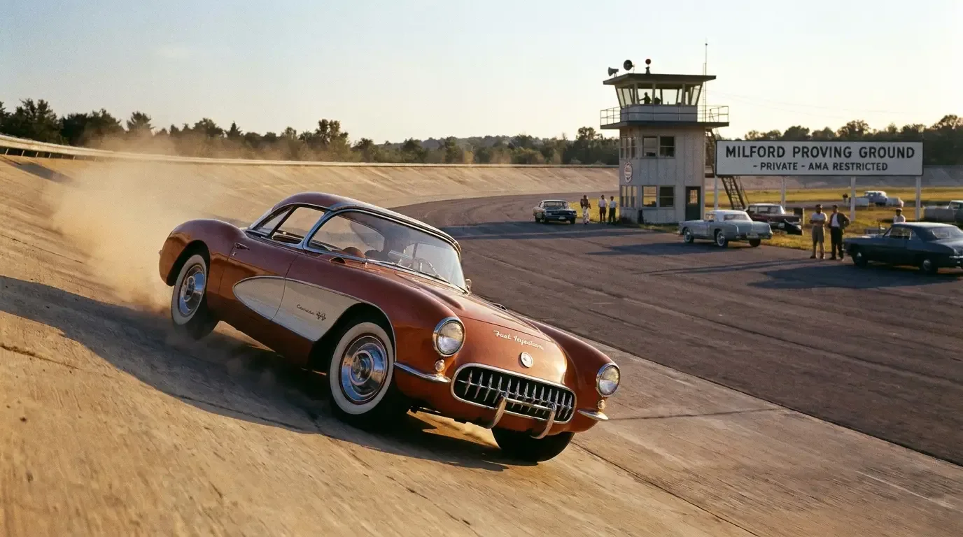 1957 Chevrolet Corvette with fuel-injected 283 V8 on a proving ground, representing the performance peak cut short by the AMA racing ban