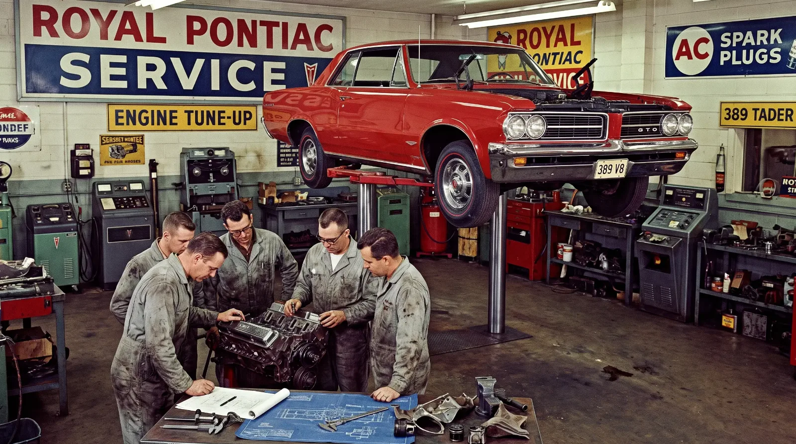 Royal Pontiac mechanics blueprinting a GTO engine