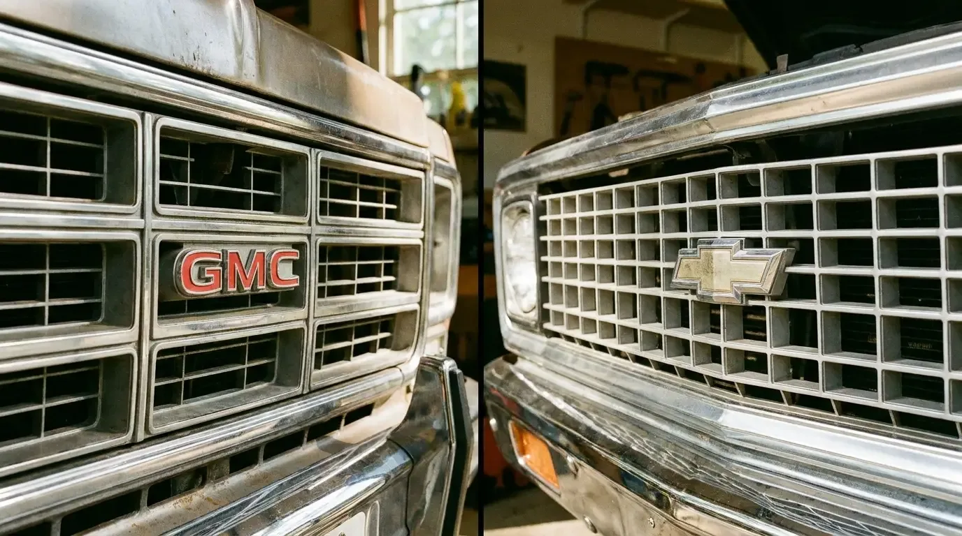GMC C15 and Chevy C10 grilles -- close-up badge comparison