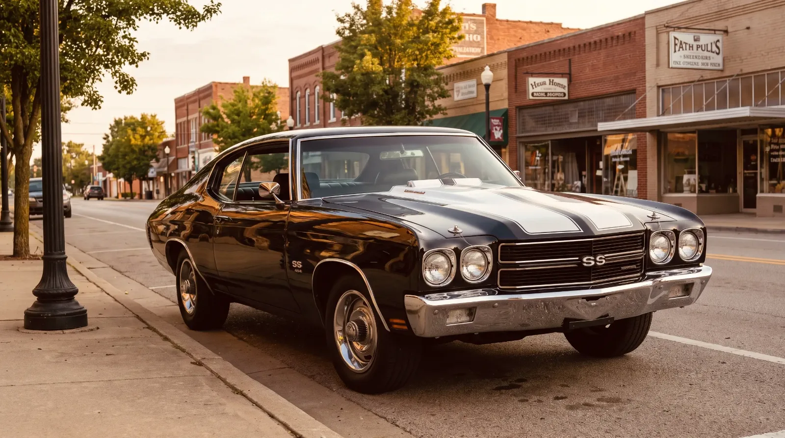1970 Chevrolet Chevelle SS 454 black with white stripes on a period main street at golden hour