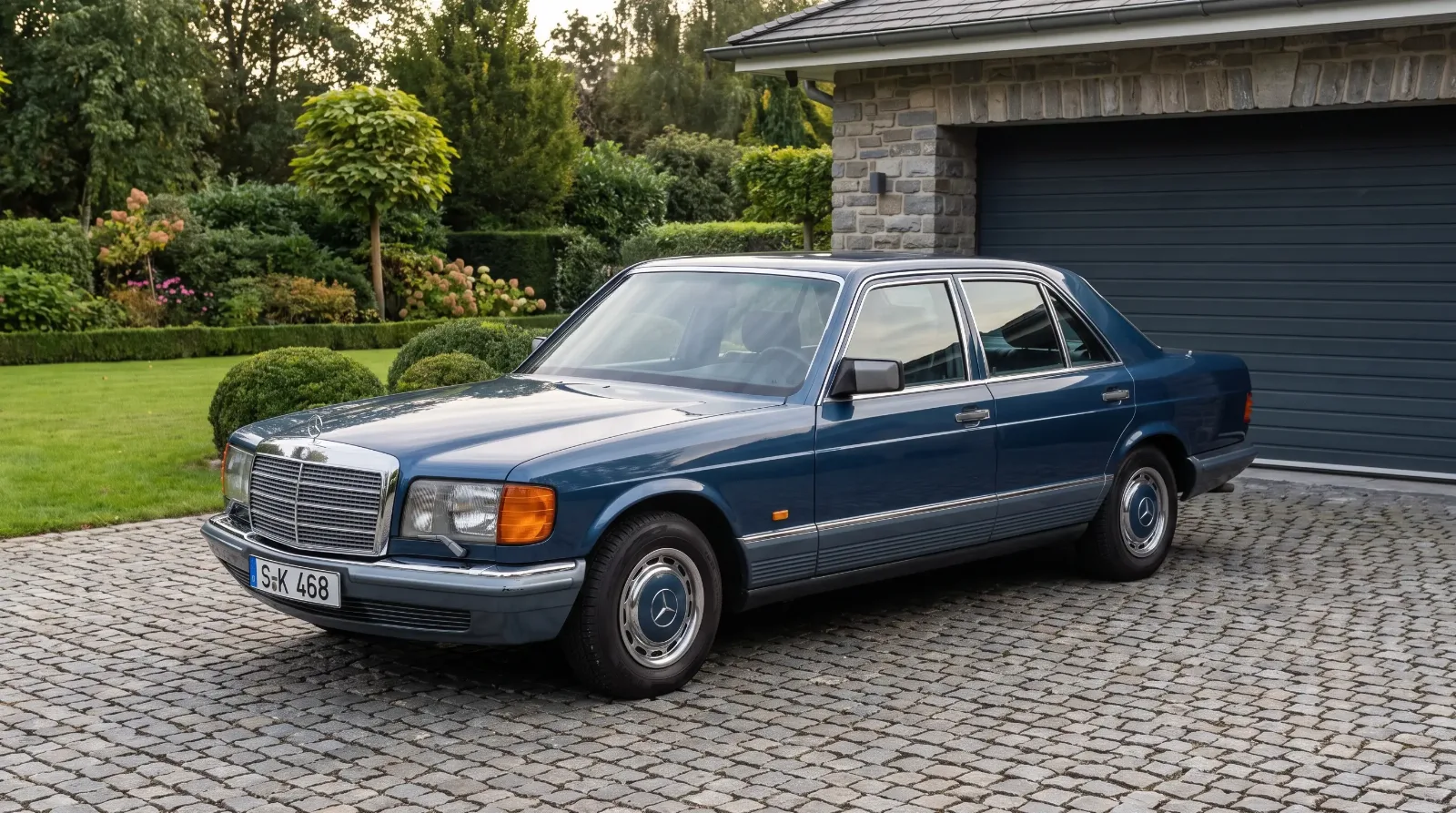 Mid-1980s European-specification Mercedes-Benz S-Class sedan shown in three-quarter exterior view in a driveway